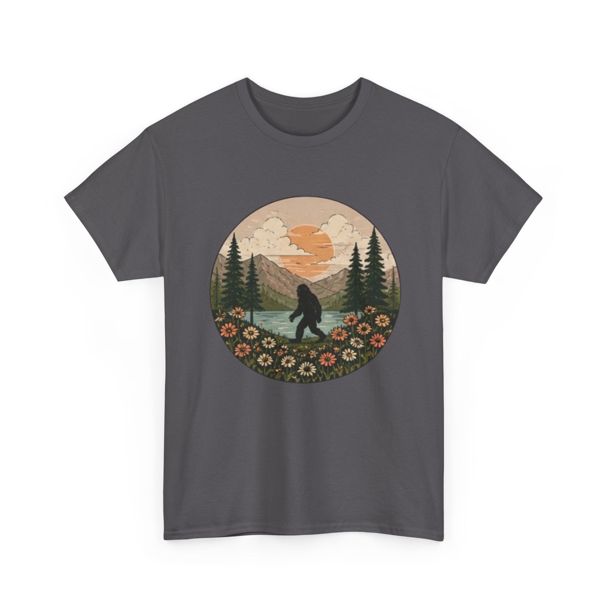 Bigfoot Meadow Retro Tee | Vintage Sasquatch with Flowers