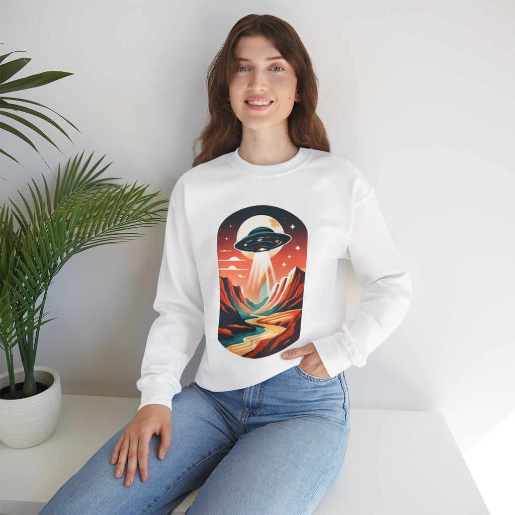 UFO Adventure Crewneck Sweatshirt | Retro Alien Abduction Mountain Graphic