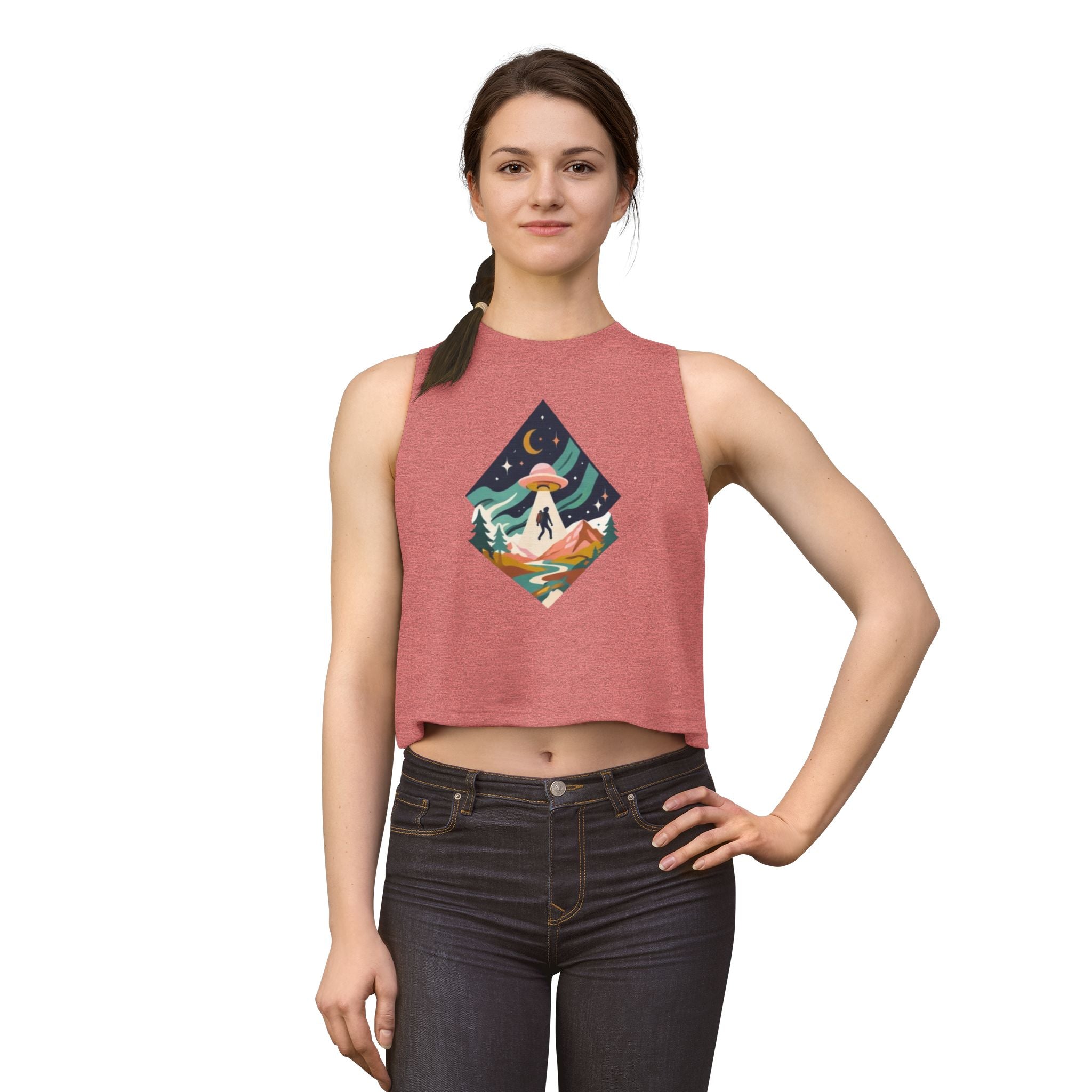 Alien Abduction Hiker Graphic Crop Top | Retro Mountain UFO Tank