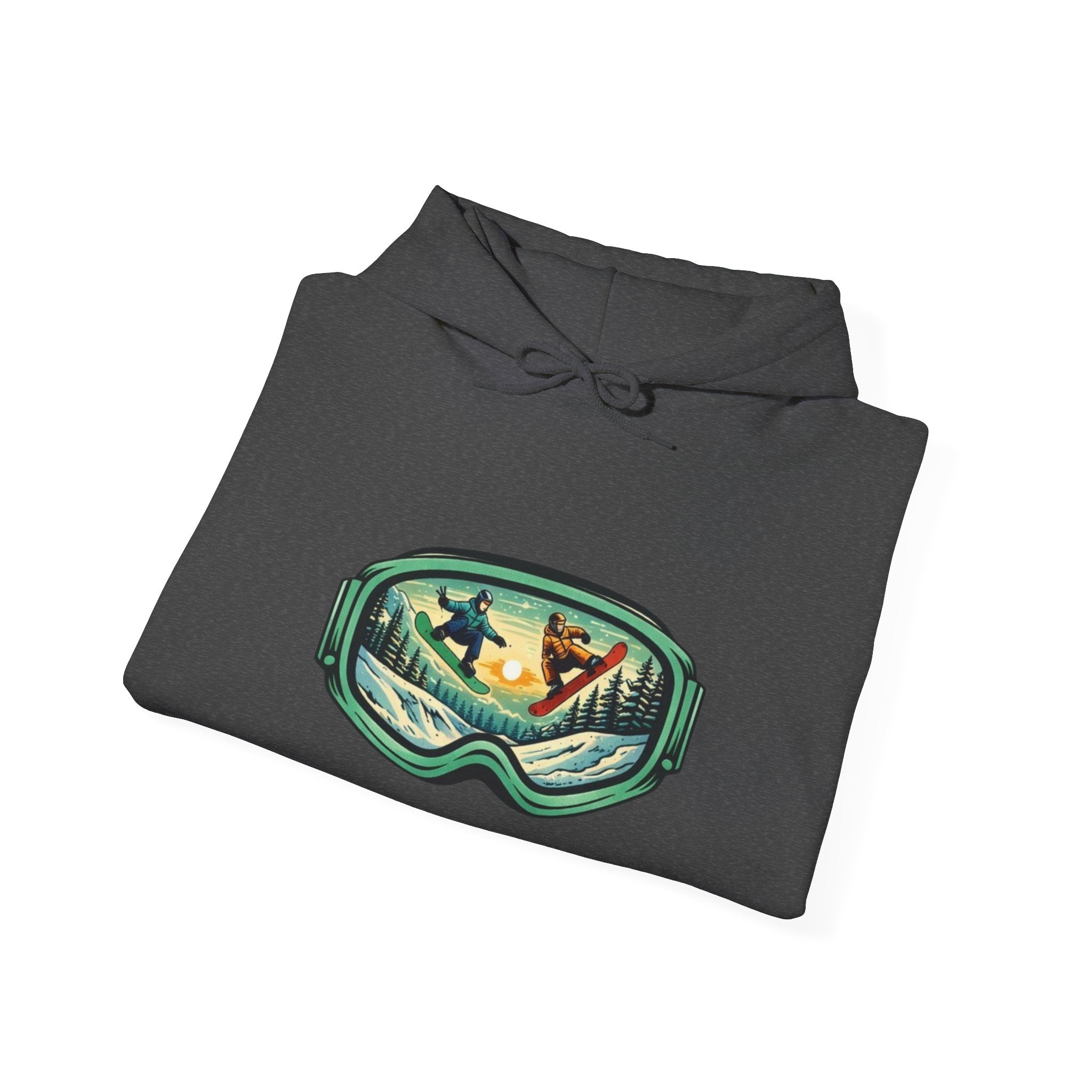Snowboard Goggles Graphic Hoodie | Winter Mountain Sunset Scene