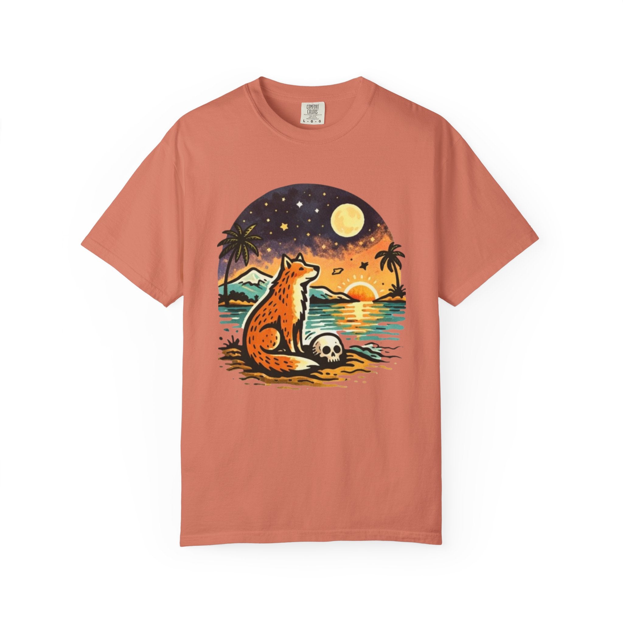 Fox Sunset T-Shirt - Beach Fox Graphic Tee with Skull, Moon & Palm Trees