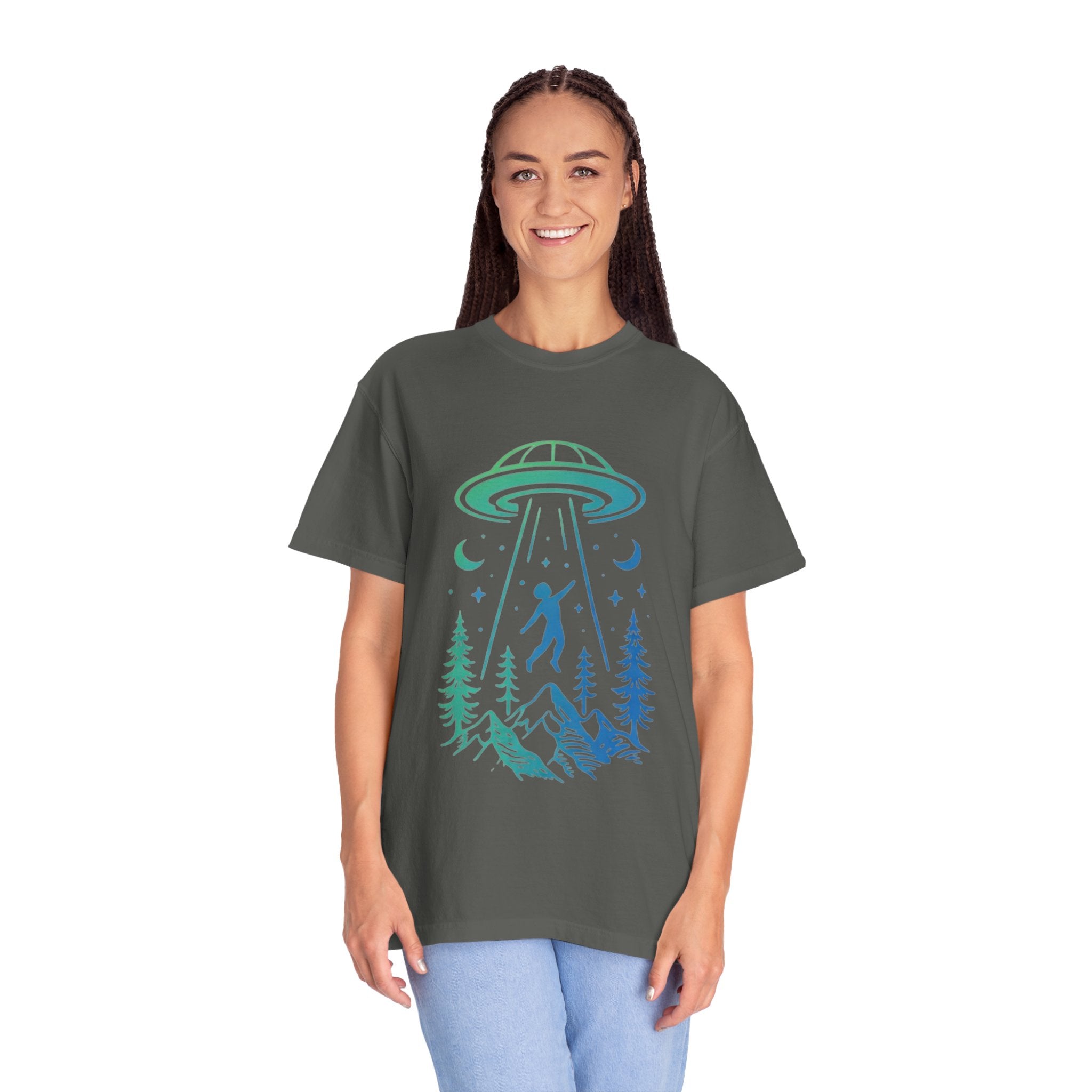 Alien Abduction Mountain T-Shirt | UFO Forest Graphic Tee