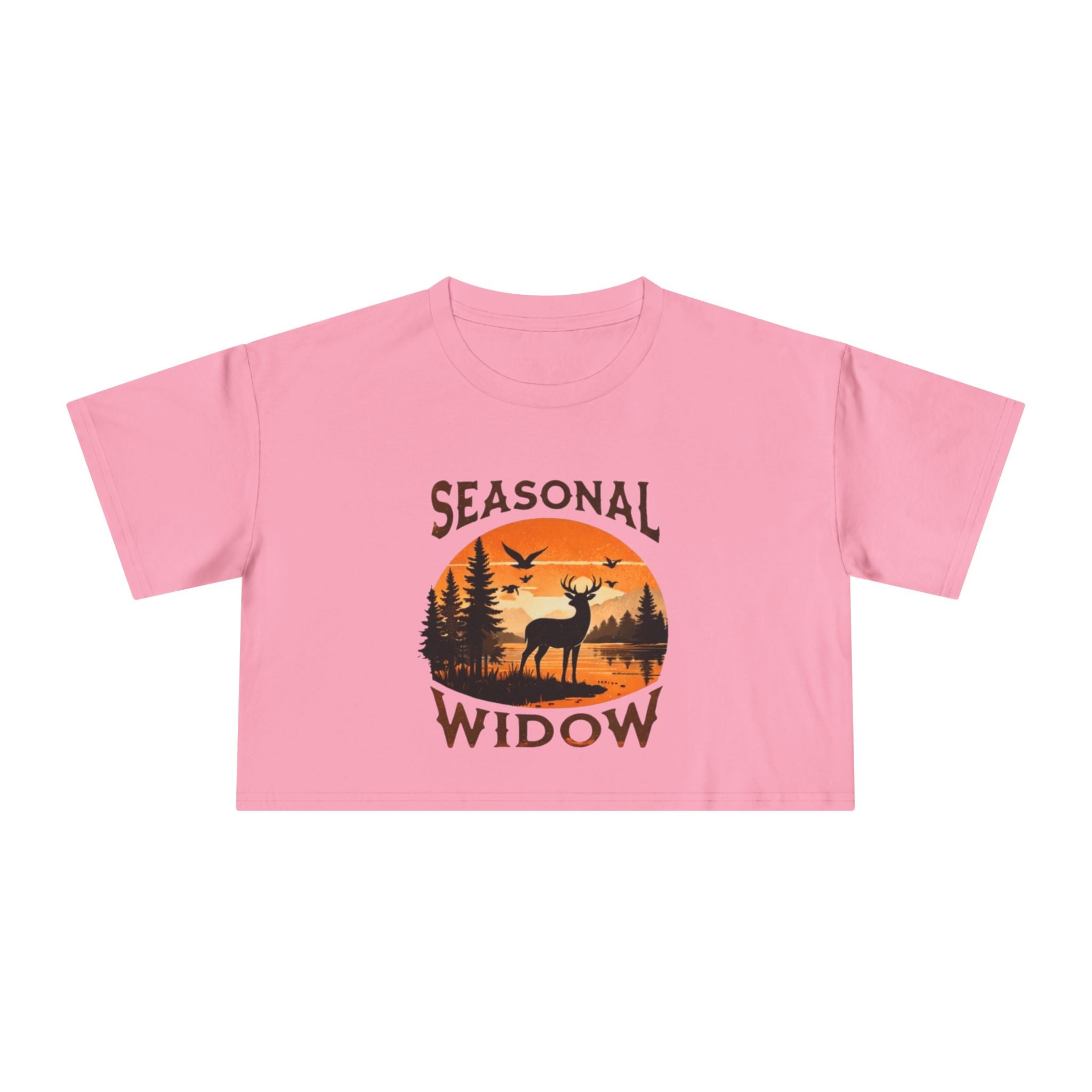Seasonal Widow Crop Tee | Autumn Hunting Deer Sunset Graphic