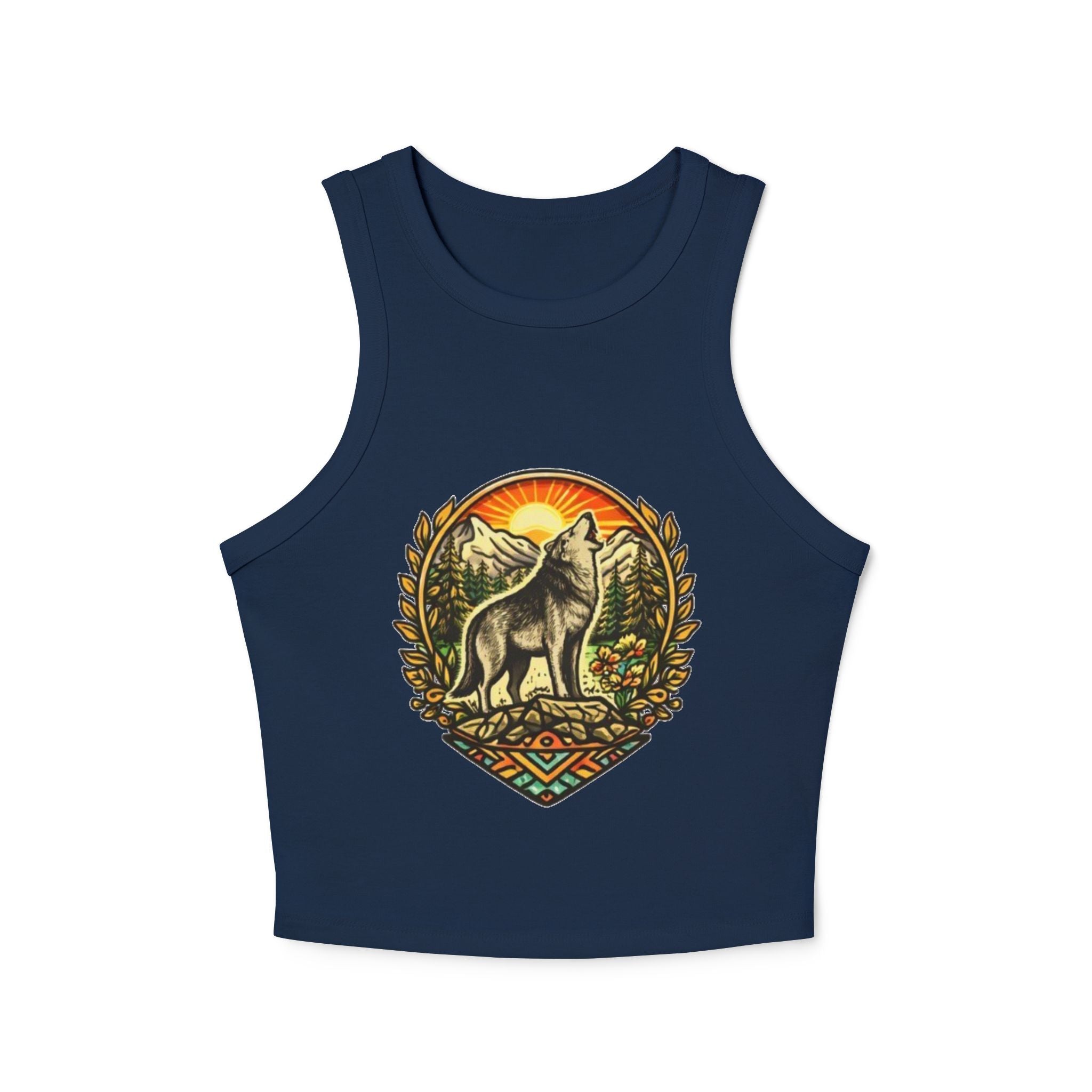 Wolf Sunrise Racer Tank Top | Vintage Nature Graphic Crop