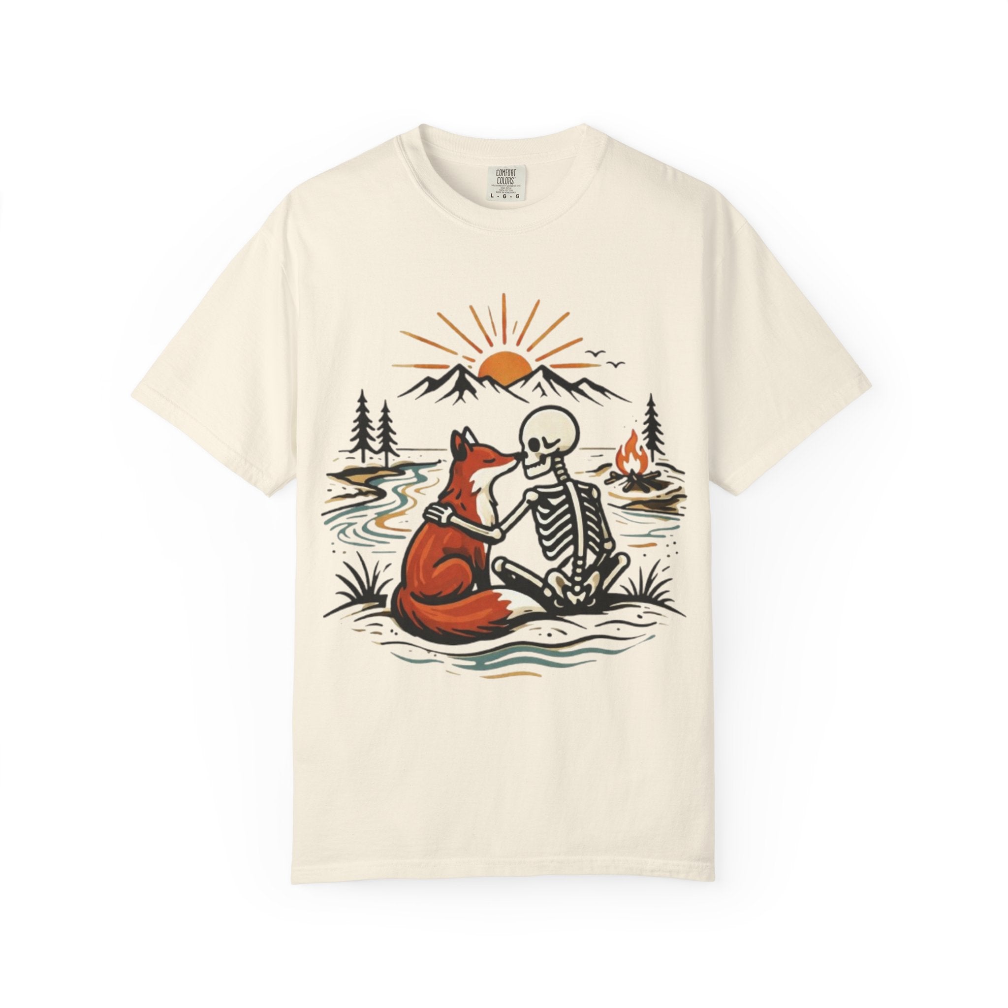 Skeleton & Fox Tee Retro Campfire Nature Graphic T-Shirt