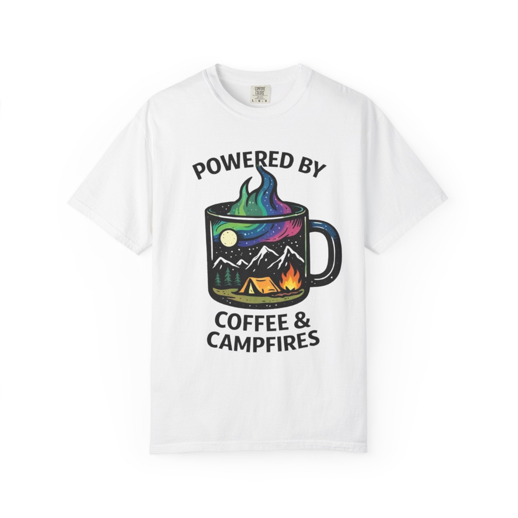 Powered by Coffee & Campfires T-shirt | Camping Mug Nature Graphic