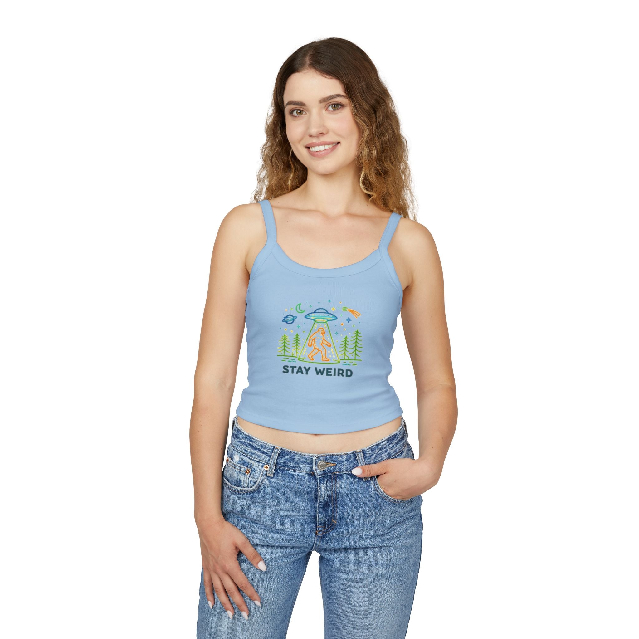 Spaghetti Tank | "Stay Weird" Alien Abduction Graphic Crop Top