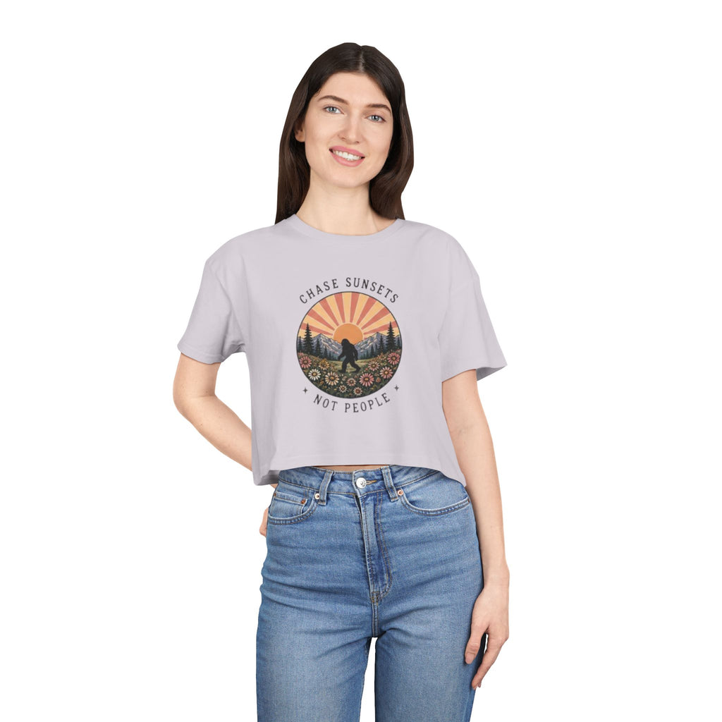 Crop Tee | "Chase Sunsets Not People" Retro Sunset Graphic