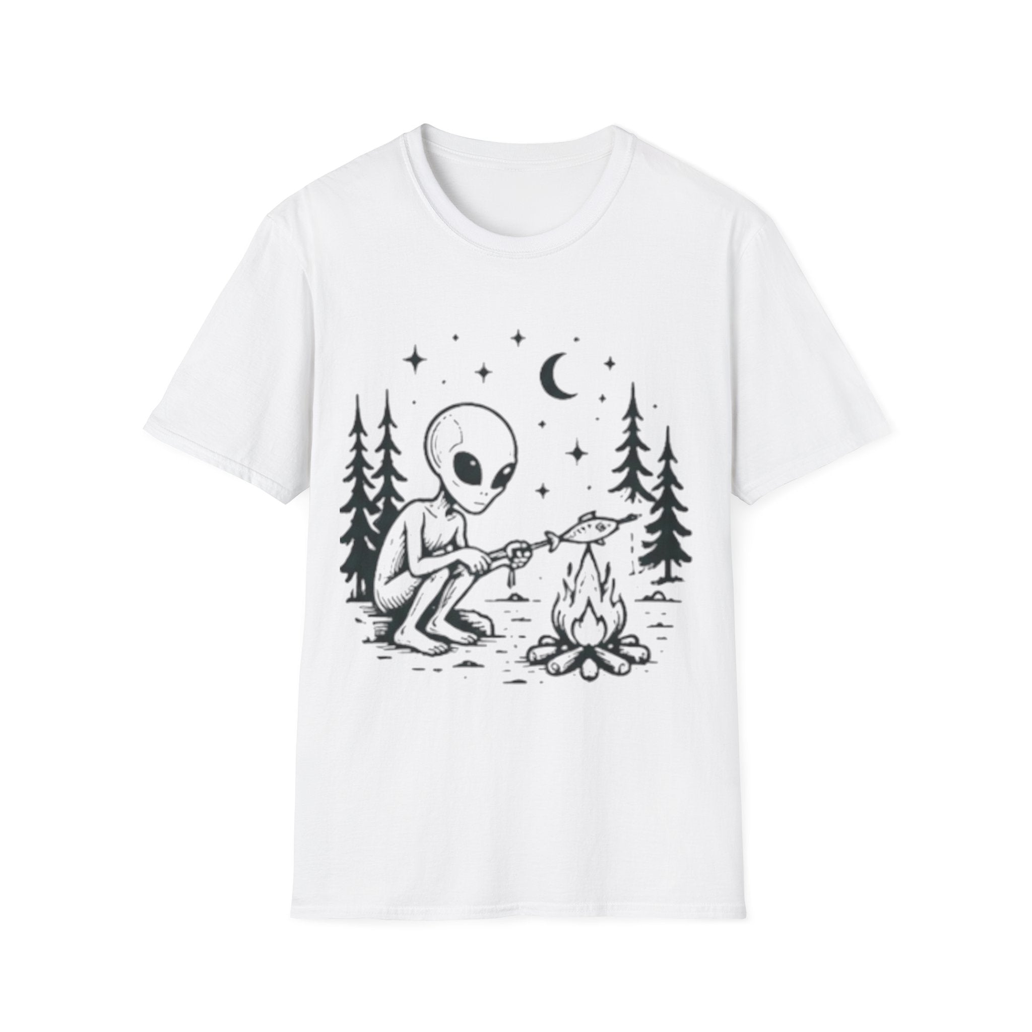 Alien Camping T-Shirt | Cute Space Alien Roasting Fish Graphic Tee