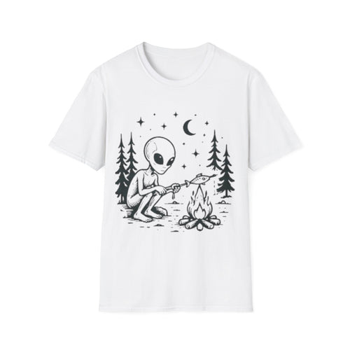 Alien Camping T-Shirt | Cute Space Alien Roasting Fish Graphic Tee