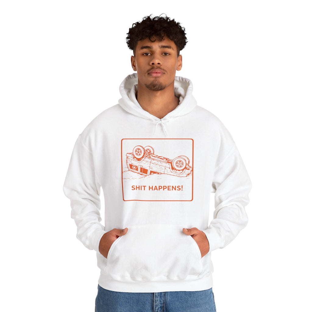 Hoodie | "Shit Happens" Upside-Down Car Graphic Comfort Hoodie