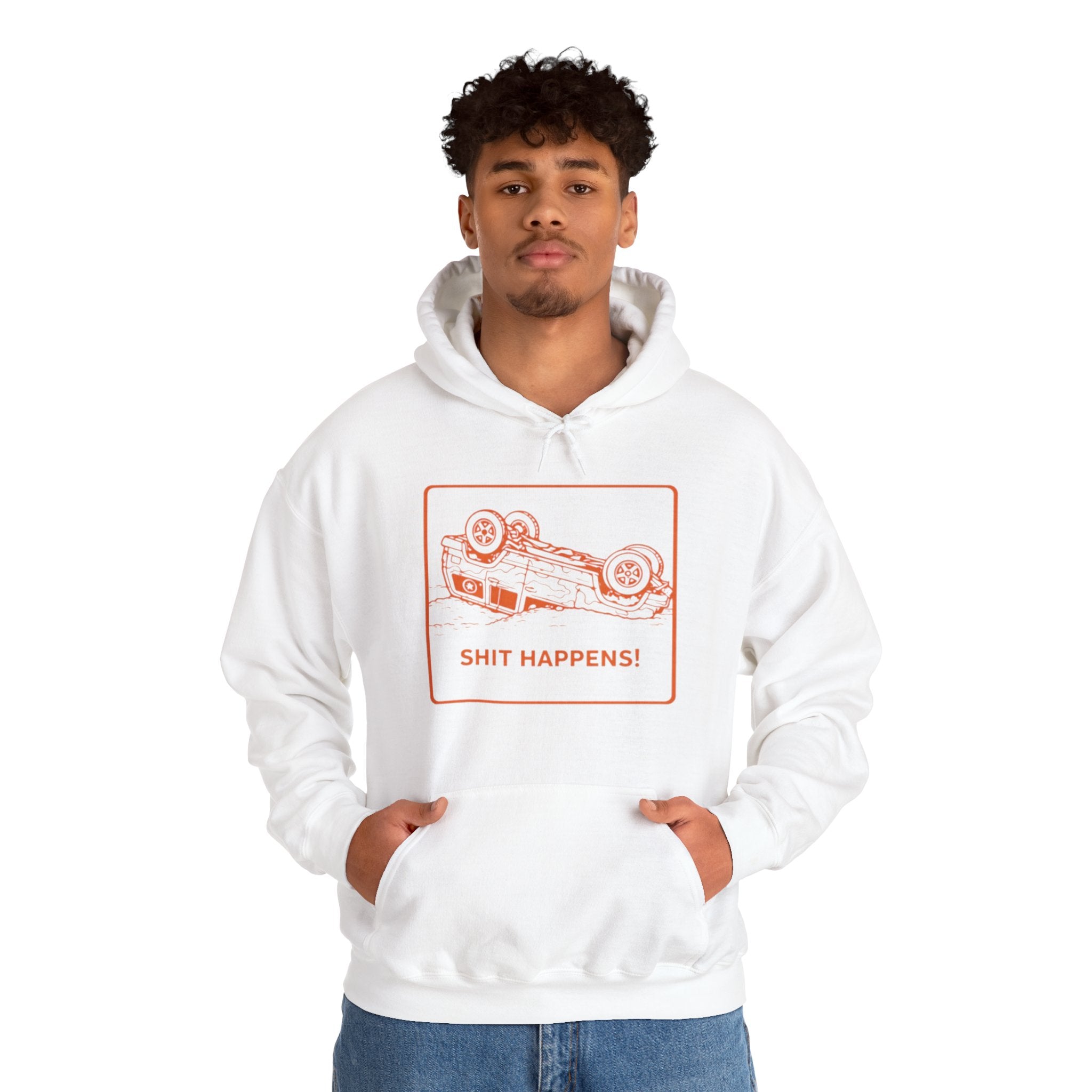 Hoodie | "Shit Happens" Upside-Down Car Graphic Comfort Hoodie