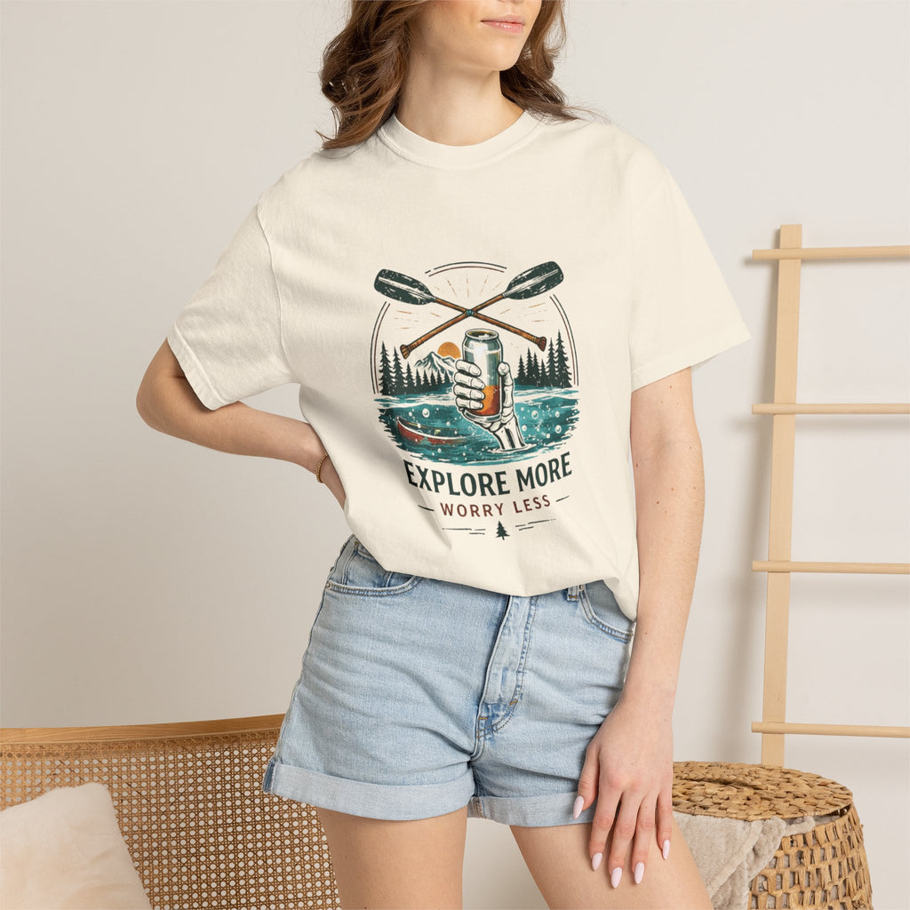 Explore More Worry Less T-Shirt | Outdoor Canoe Camping Adventure Tee