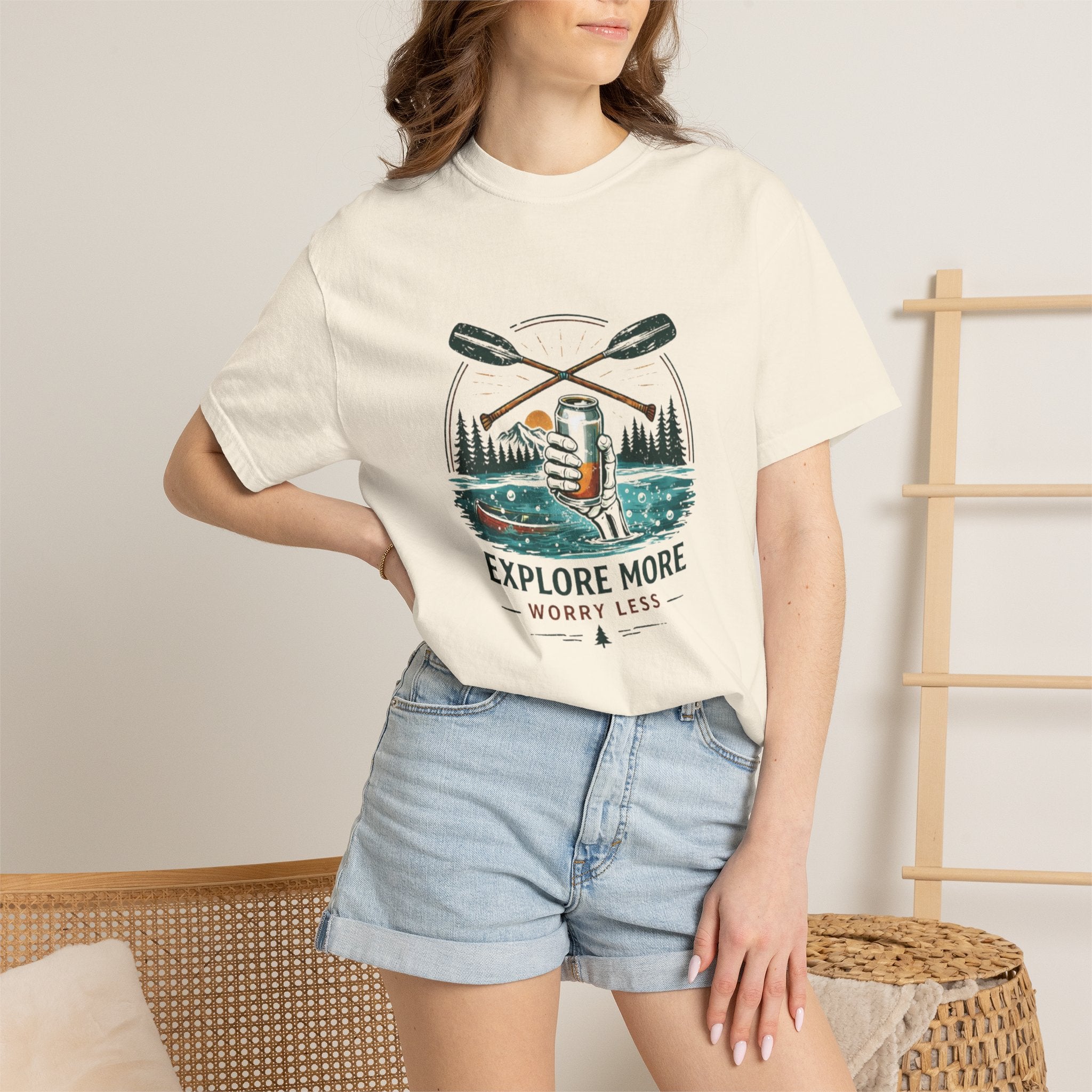 Explore More Worry Less T-Shirt | Outdoor Canoe Camping Adventure Tee