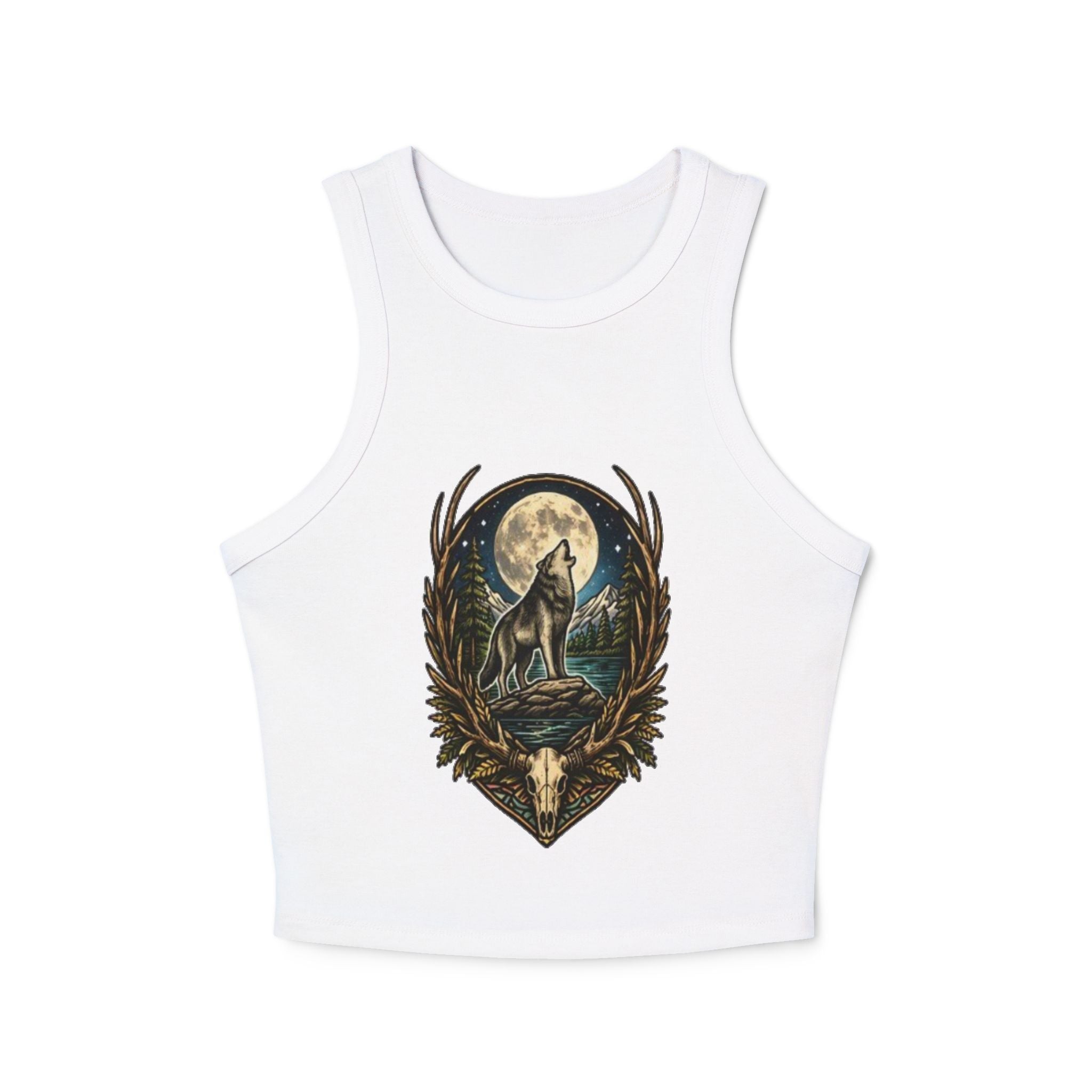 Wolf Howl Racer Tank Top | Moonlight Forest Graphic Crop Top