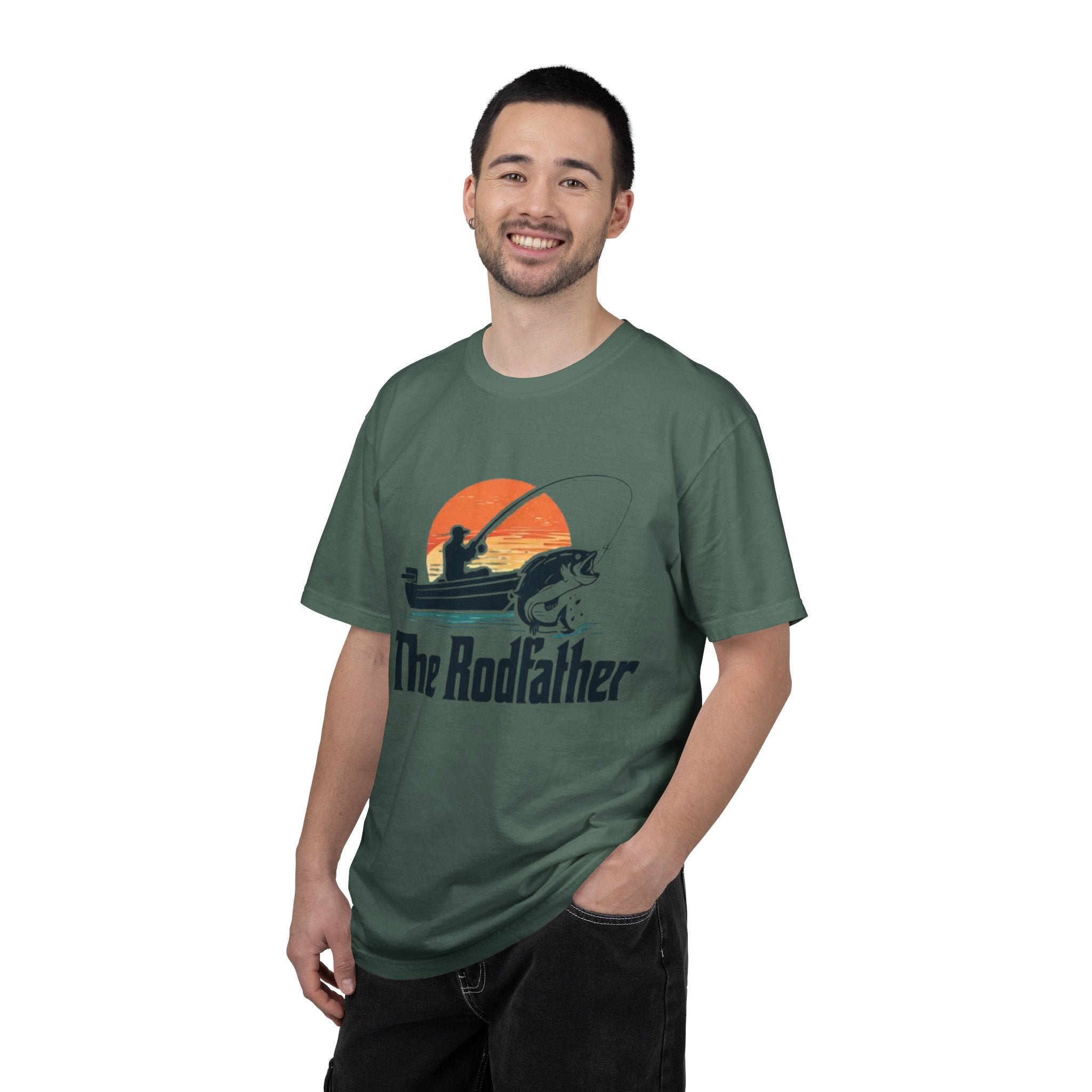 The Rodfather fishing silhouette T-Shirt | Bass boat sunset design
