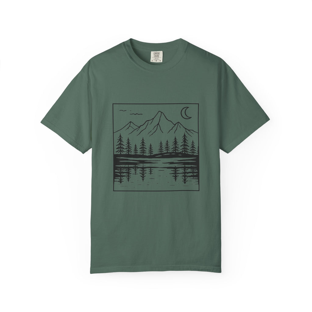 Mountain Lake T-Shirt | Minimal Nightscape with Pine Trees & Crescent Moon