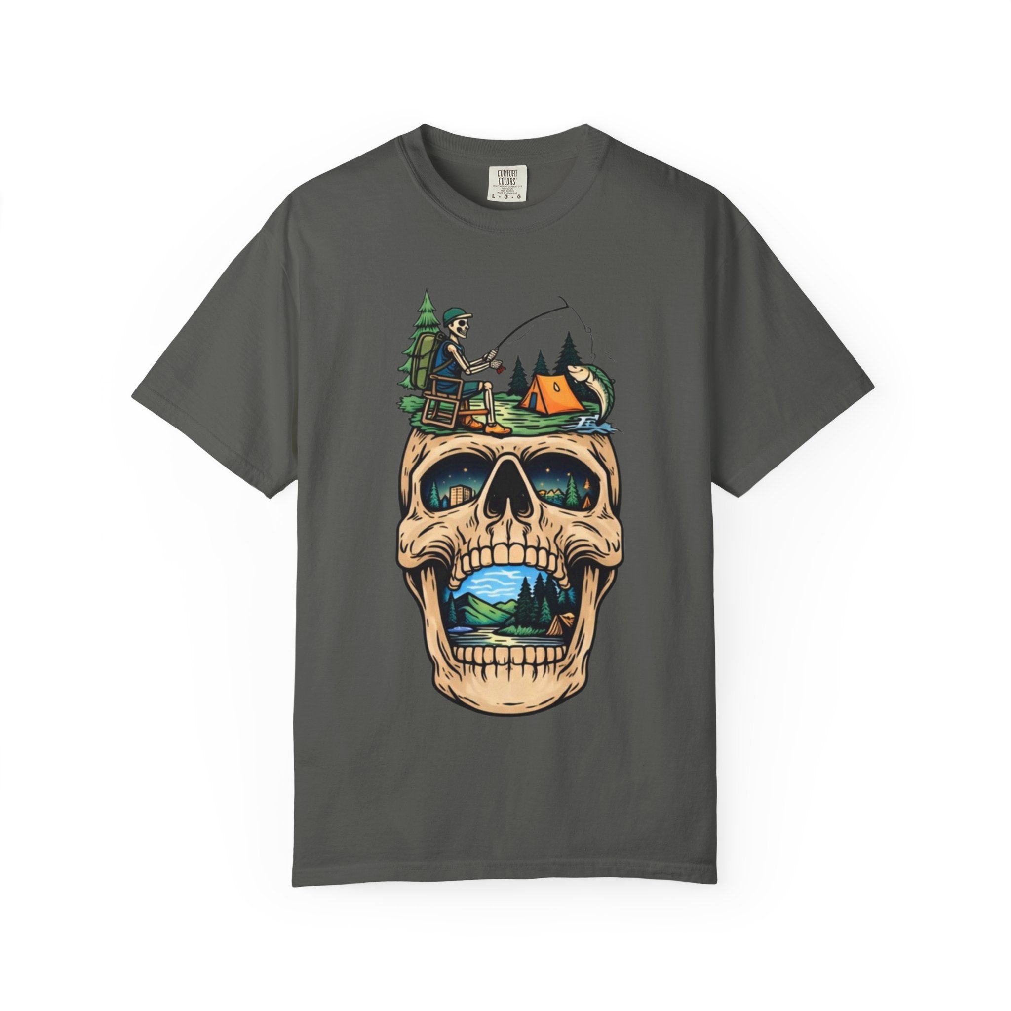 Skull Camping Scene T-shirt | Fishing, Tent, Forest Outdoor Graphic