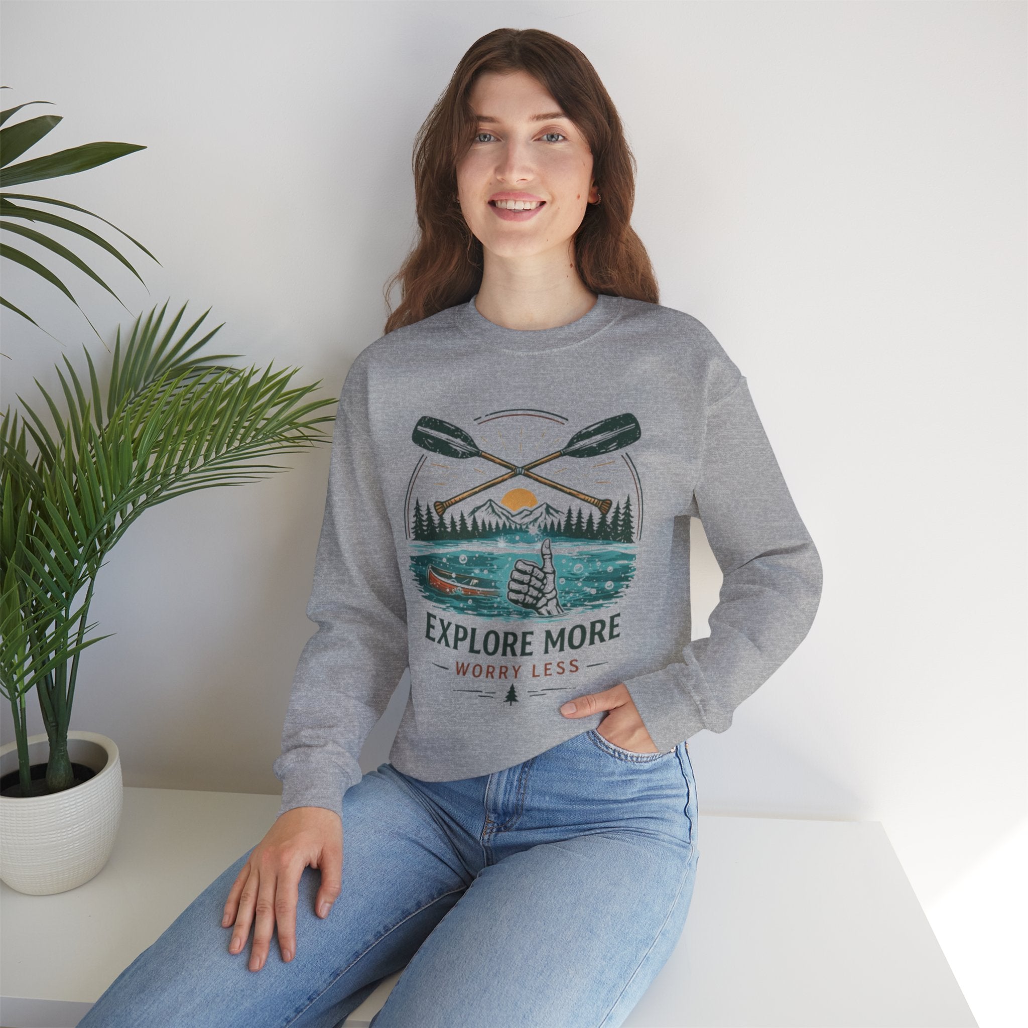 Crewneck Sweatshirt | "Explore More Worry Less" Outdoor Adventure Graphic