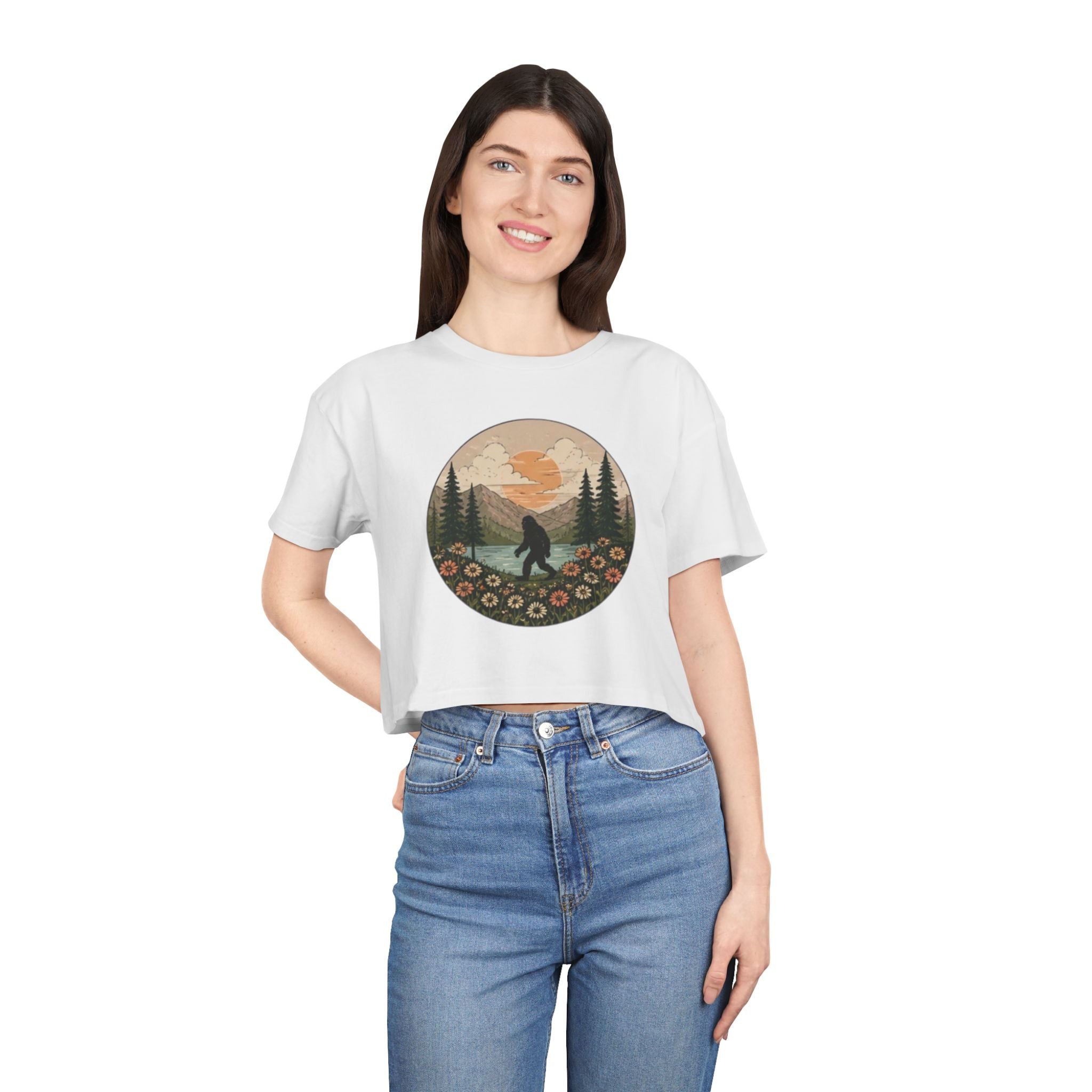 Bigfoot Sunset Crop Tee | Retro Mountain Floral Sasquatch Design