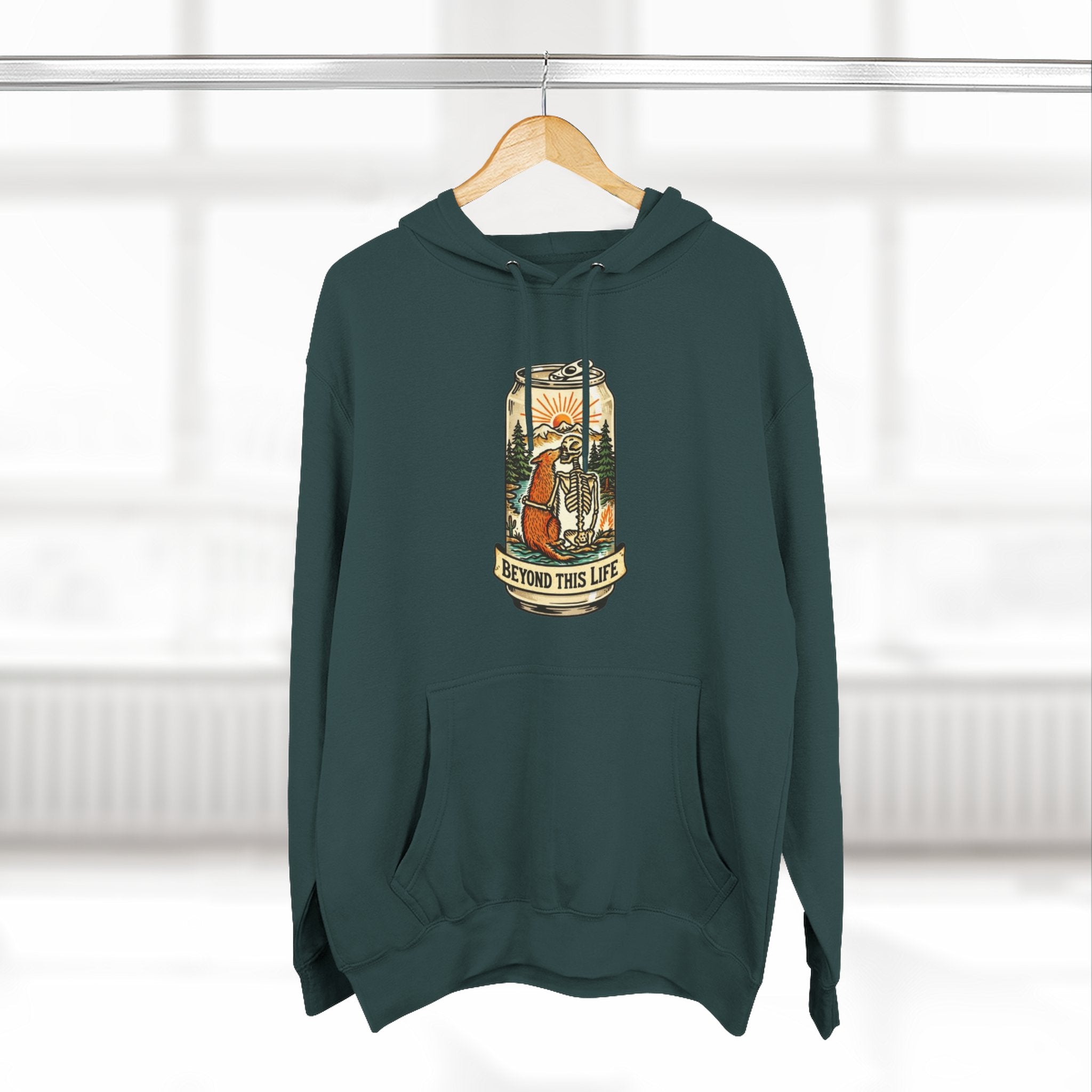 Vintage Skeleton and Dog Camper Hoodie | Beyond This Life Retro Travel Graphic