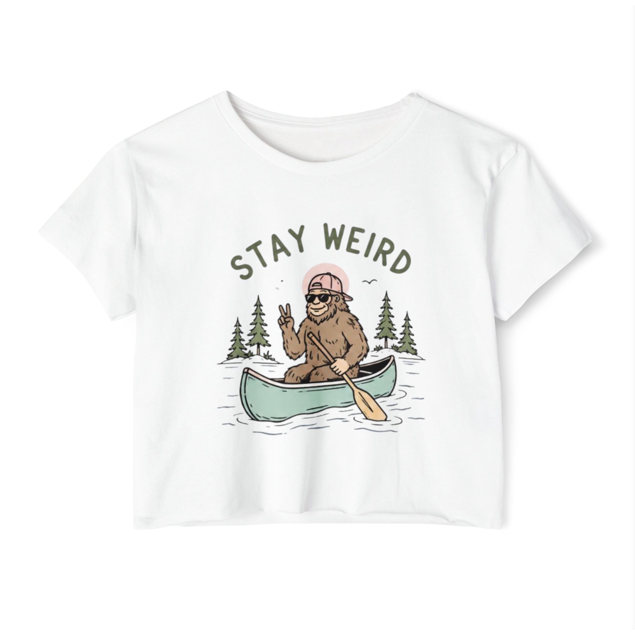Stay Weird Crop Top | Cute Sasquatch Canoe Graphic Womens Festival Shirt