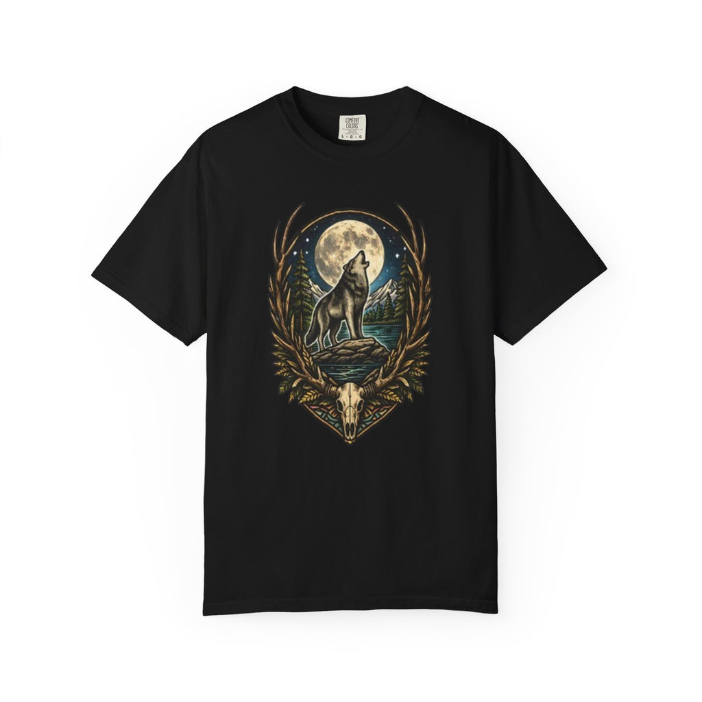 Deer Skull Wolf Howling at Moon Graphic Tee | Gift for Hunter, Outdoorsman & Wolf Lover