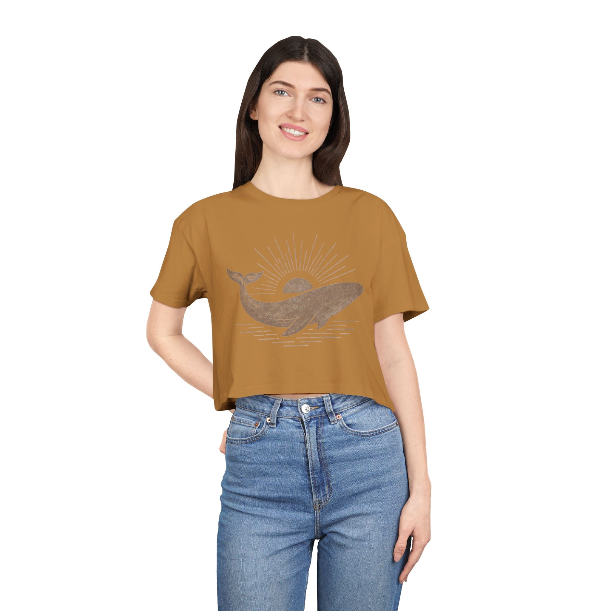 Whale Sunset Crop Tee | Vintage Ocean Graphic Womens Top