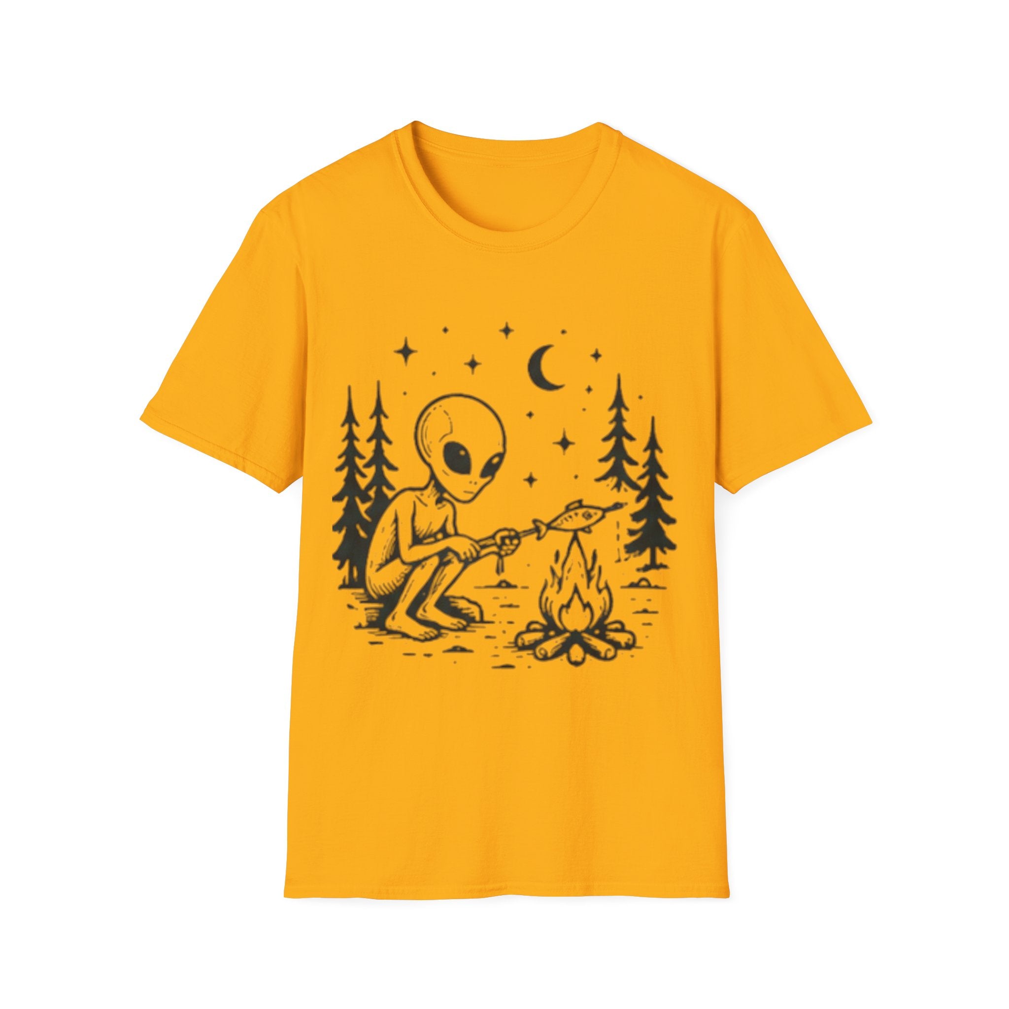 Alien Camping T-Shirt | Cute Space Alien Roasting Fish Graphic Tee
