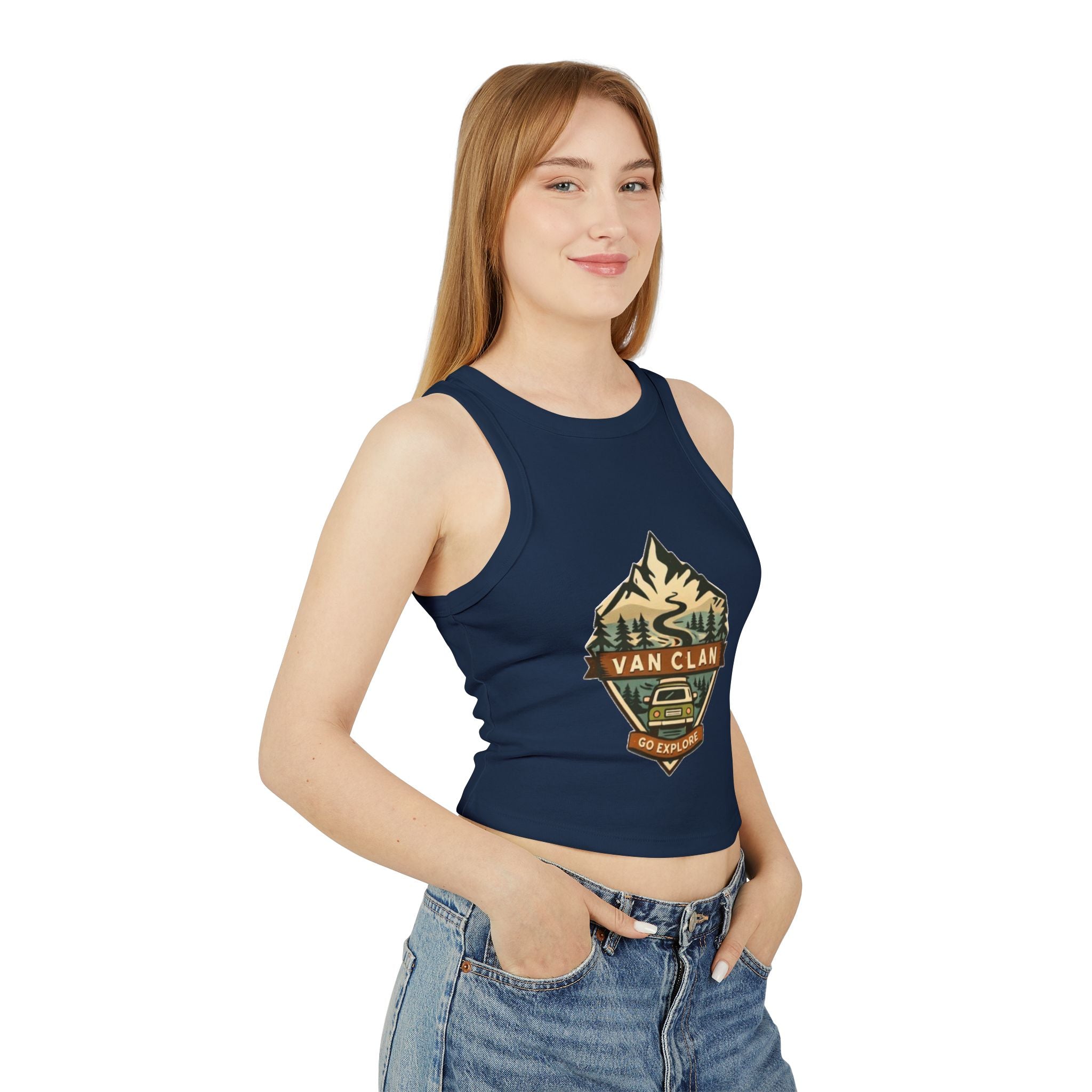 Van Clan "Go Explore" Women's Racer Tank | Adventure Van Graphic Crop Top