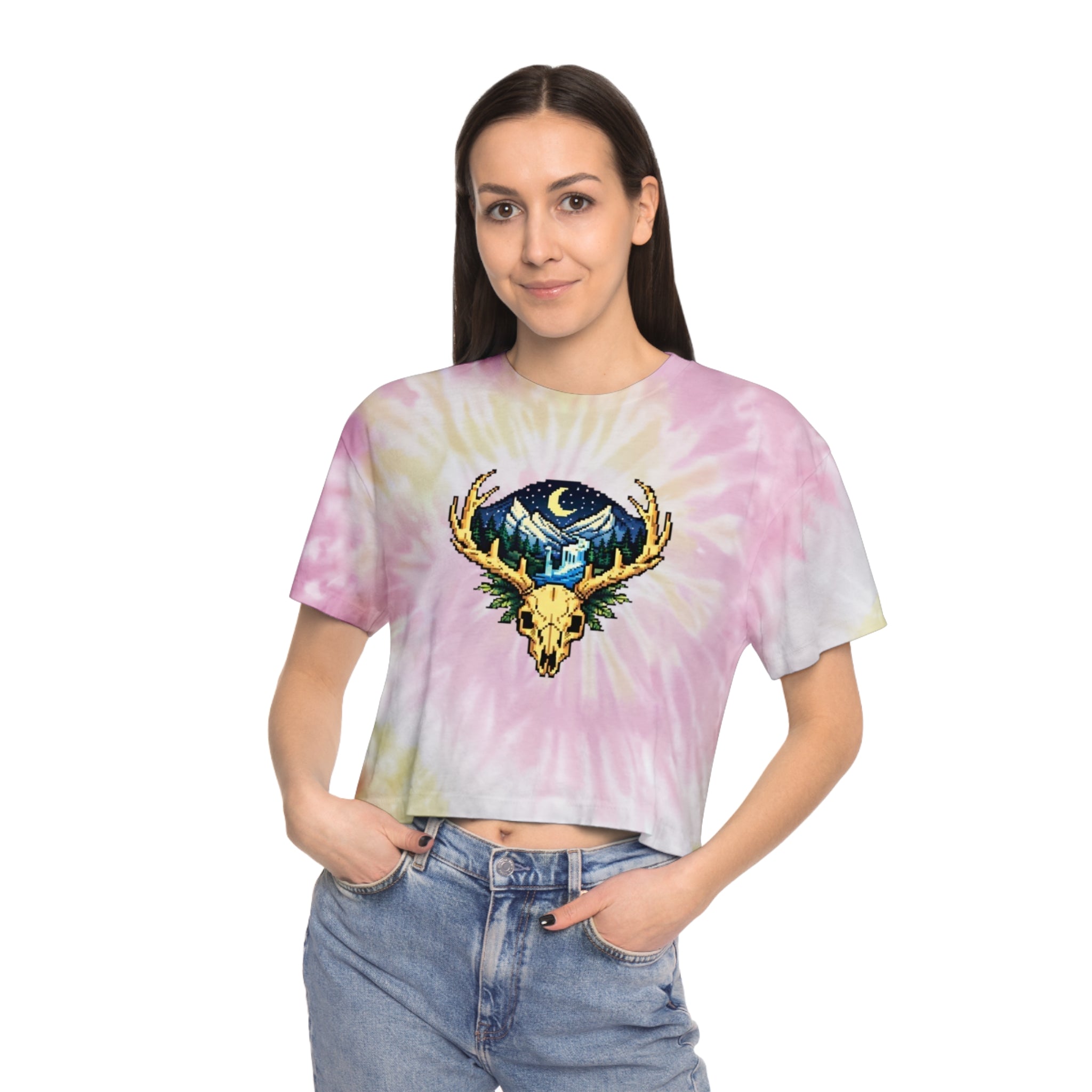 Tie-Dye Crop Tee | Pixel Art Deer Skull & Mountainscape