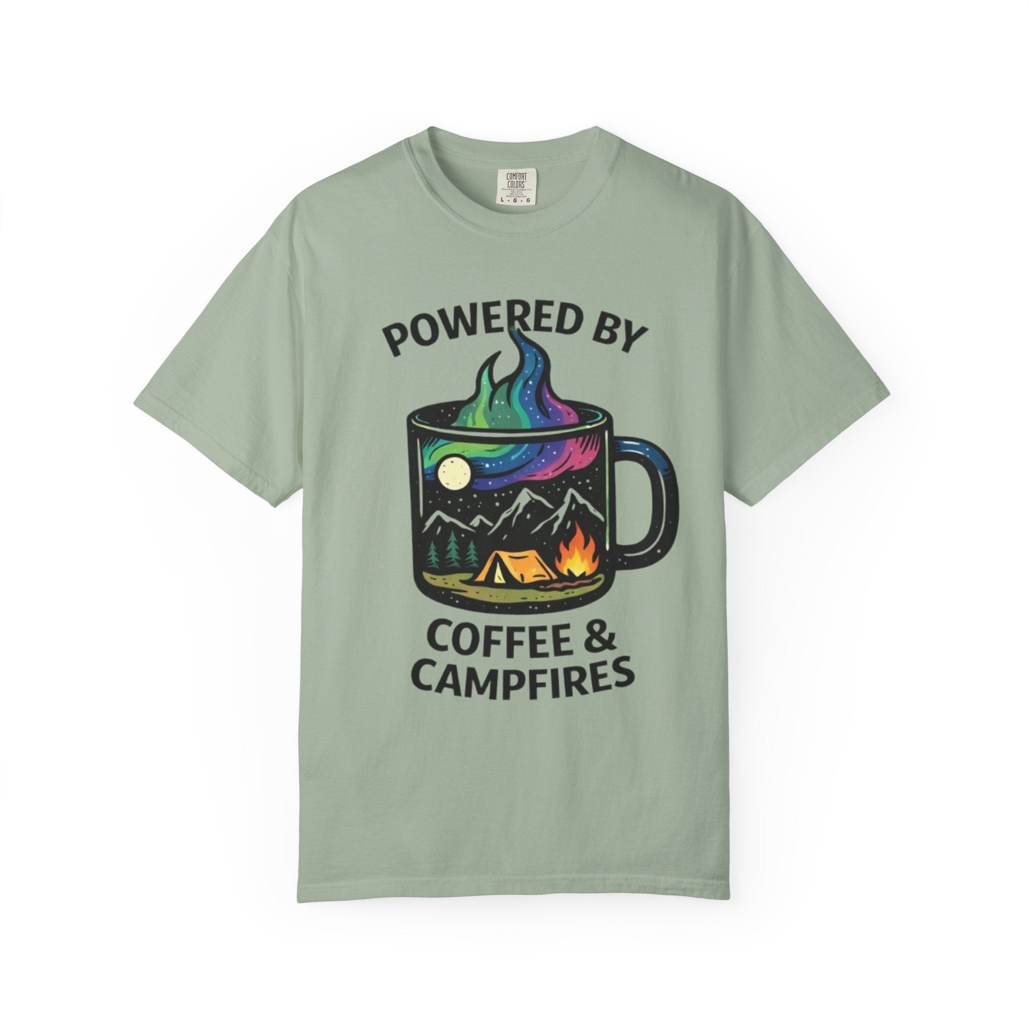 Powered by Coffee & Campfires T-shirt | Camping Mug Nature Graphic