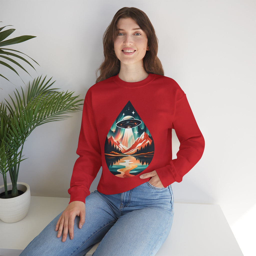 UFO Mountain Crewneck Sweatshirt | Retro Alien Landscape Graphic