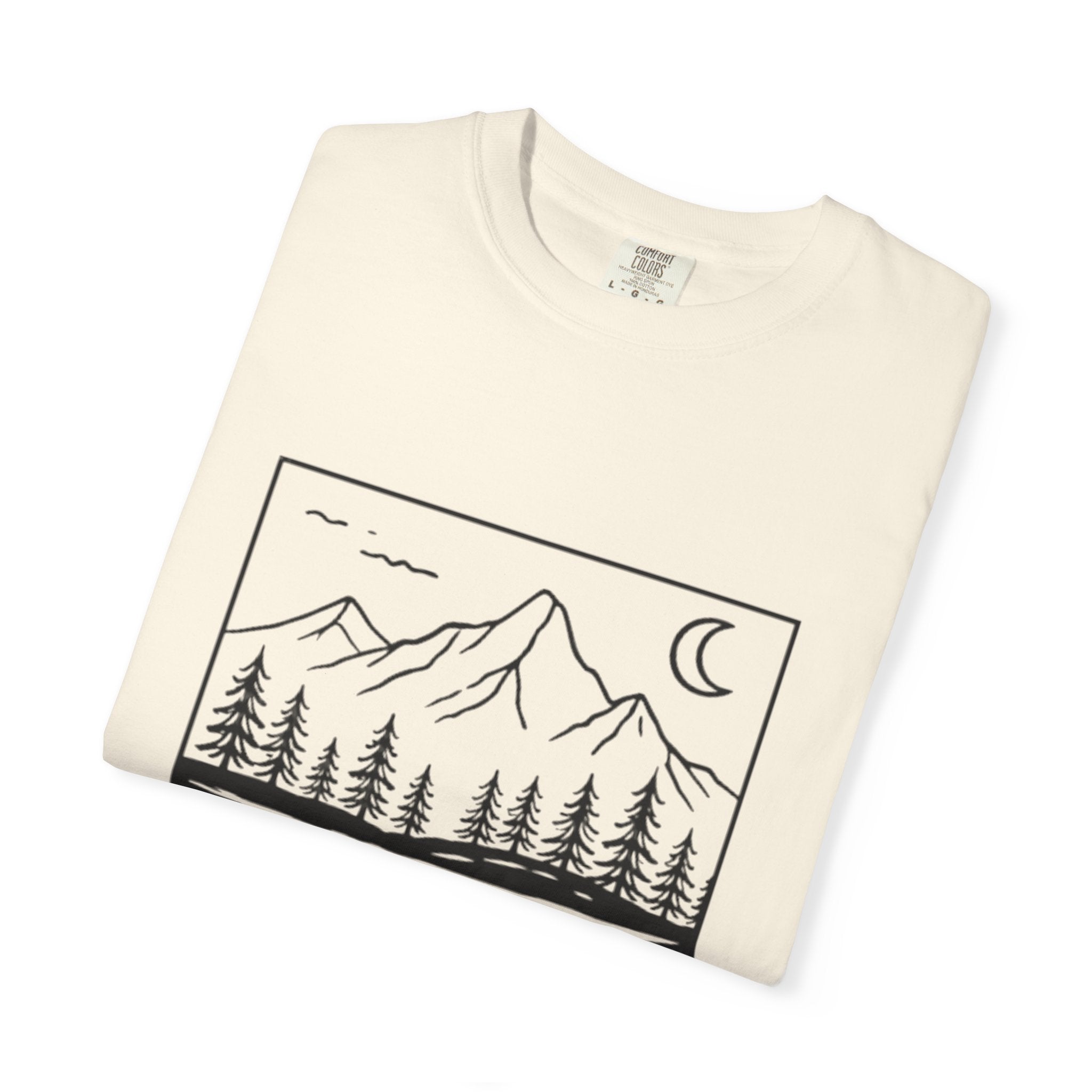 Mountain Lake T-Shirt | Minimal Nightscape with Pine Trees & Crescent Moon