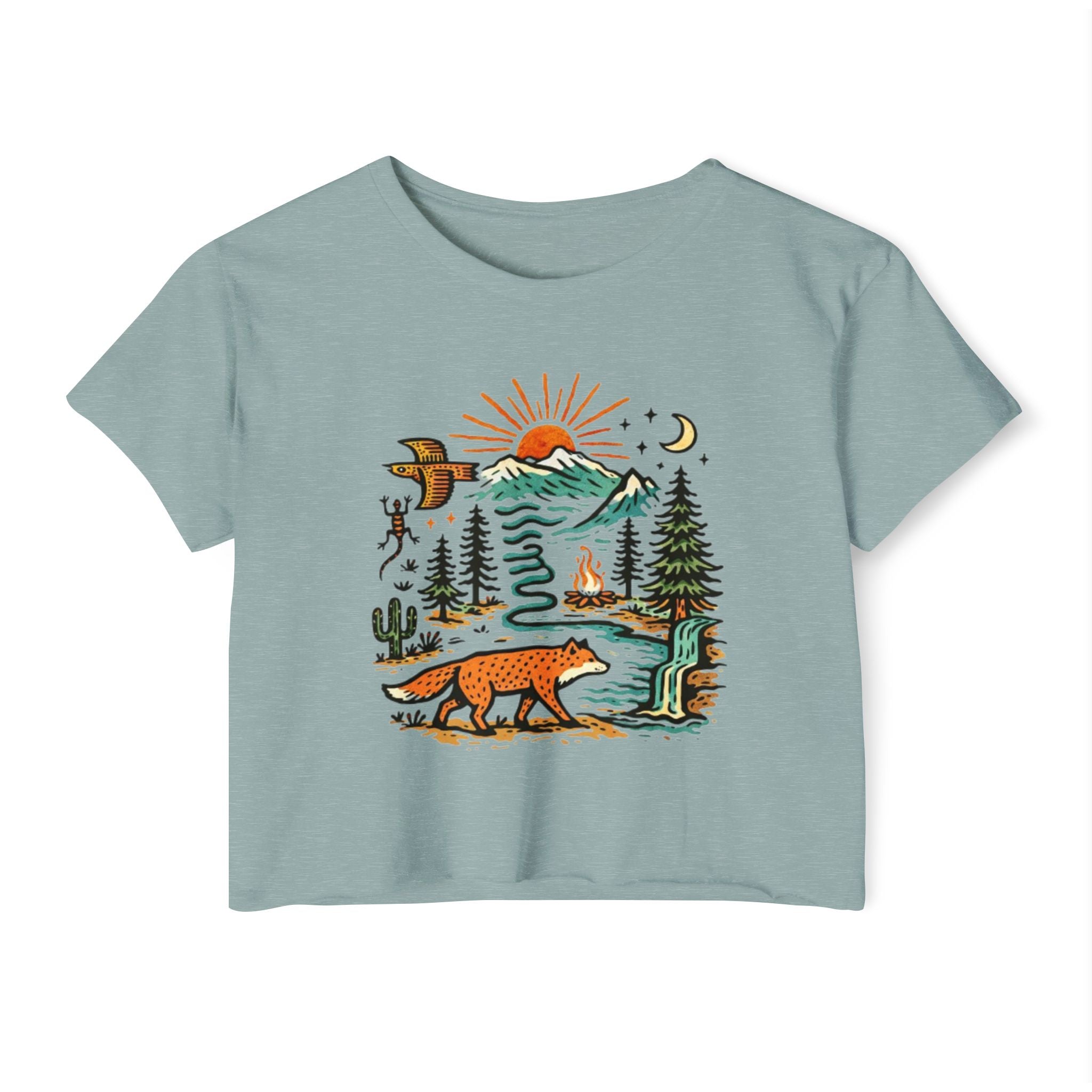 Wildlife Sunset Crop Top | Fox & Mountain Festival Tee