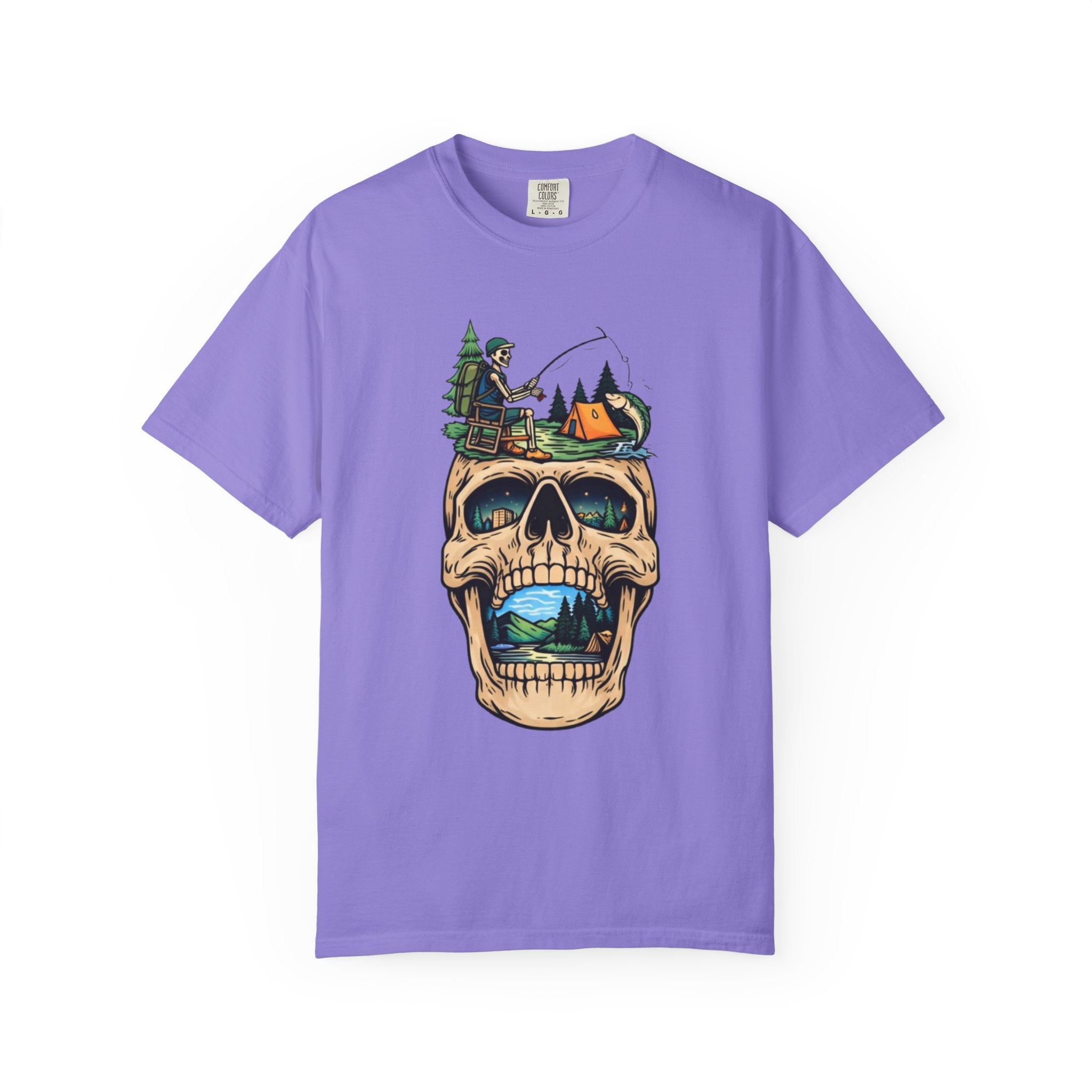 Skull Camping Scene T-shirt | Fishing Camper, Tent & Forest Graphic