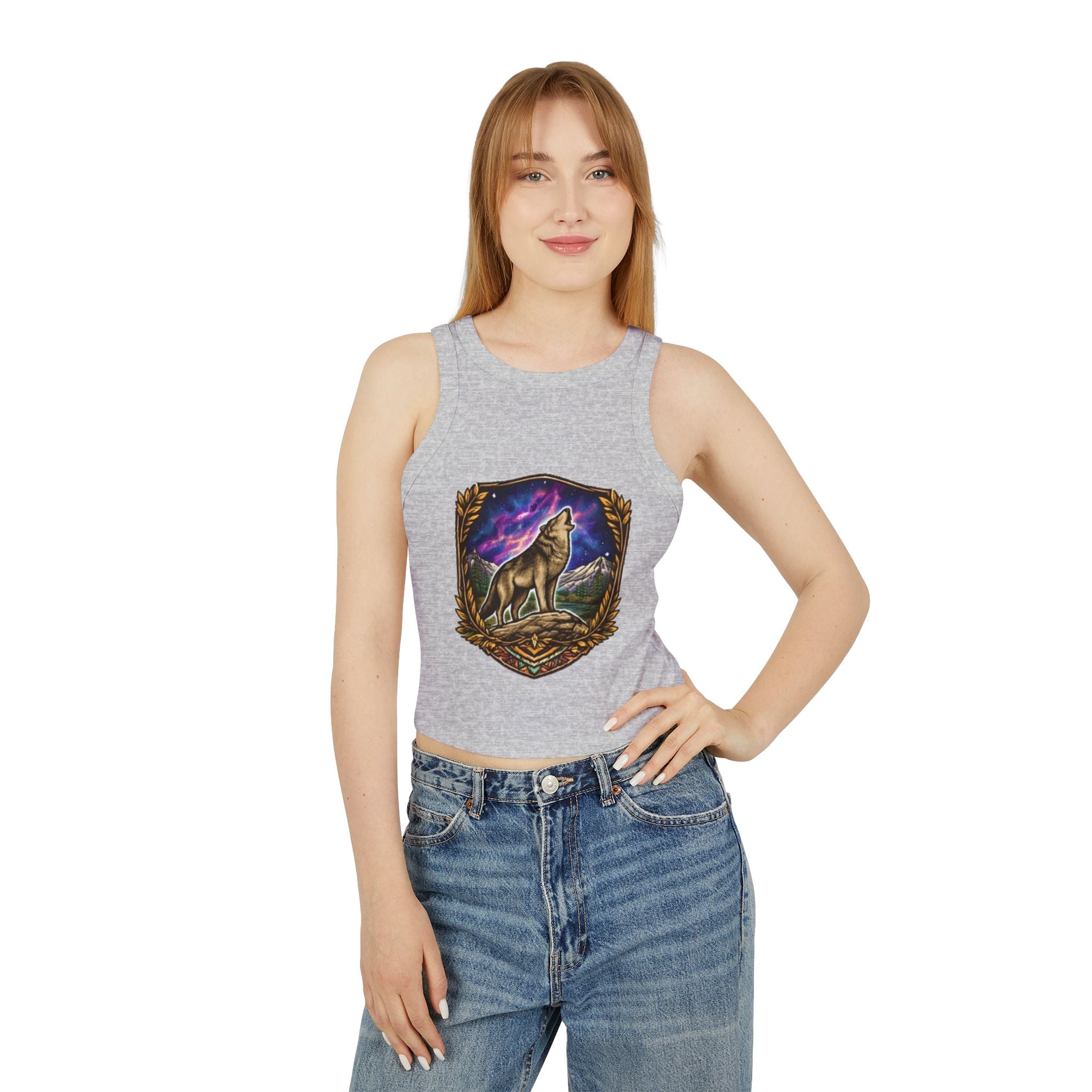 Wolf Crest Racer Tank Top | Northern Lights Graphic Crop Tank