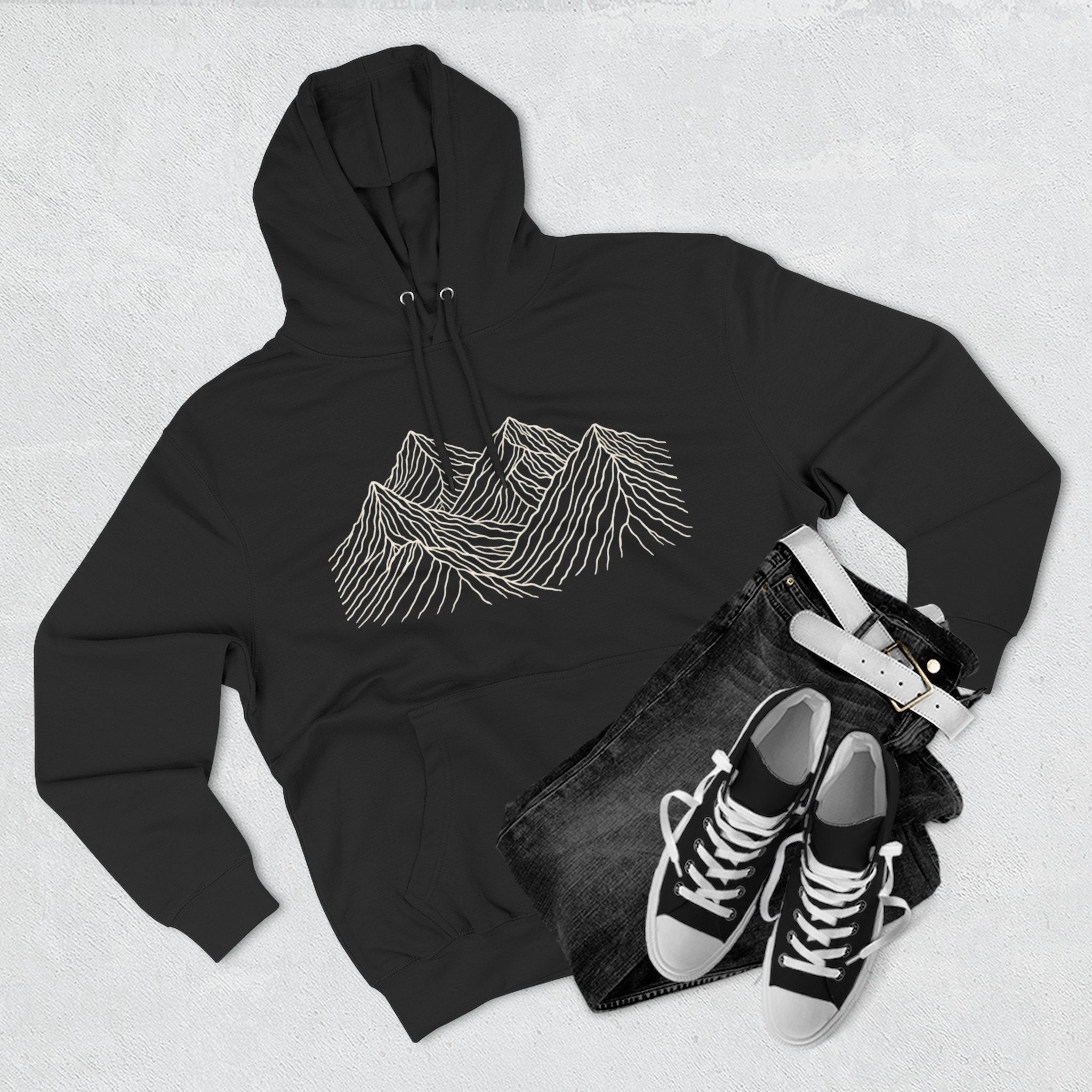 Mountain Linework Fleece Hoodie | Three Panel Mountain Landscape Design