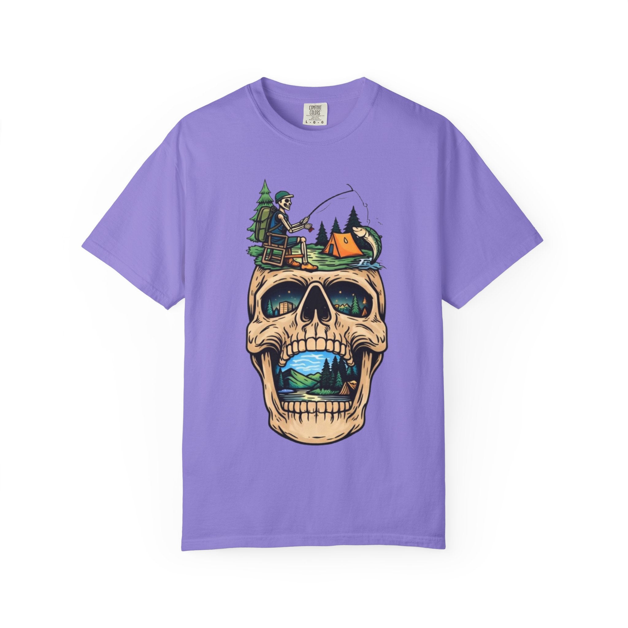 Skull Camping Scene T-shirt | Fishing, Tent, Forest Outdoor Graphic