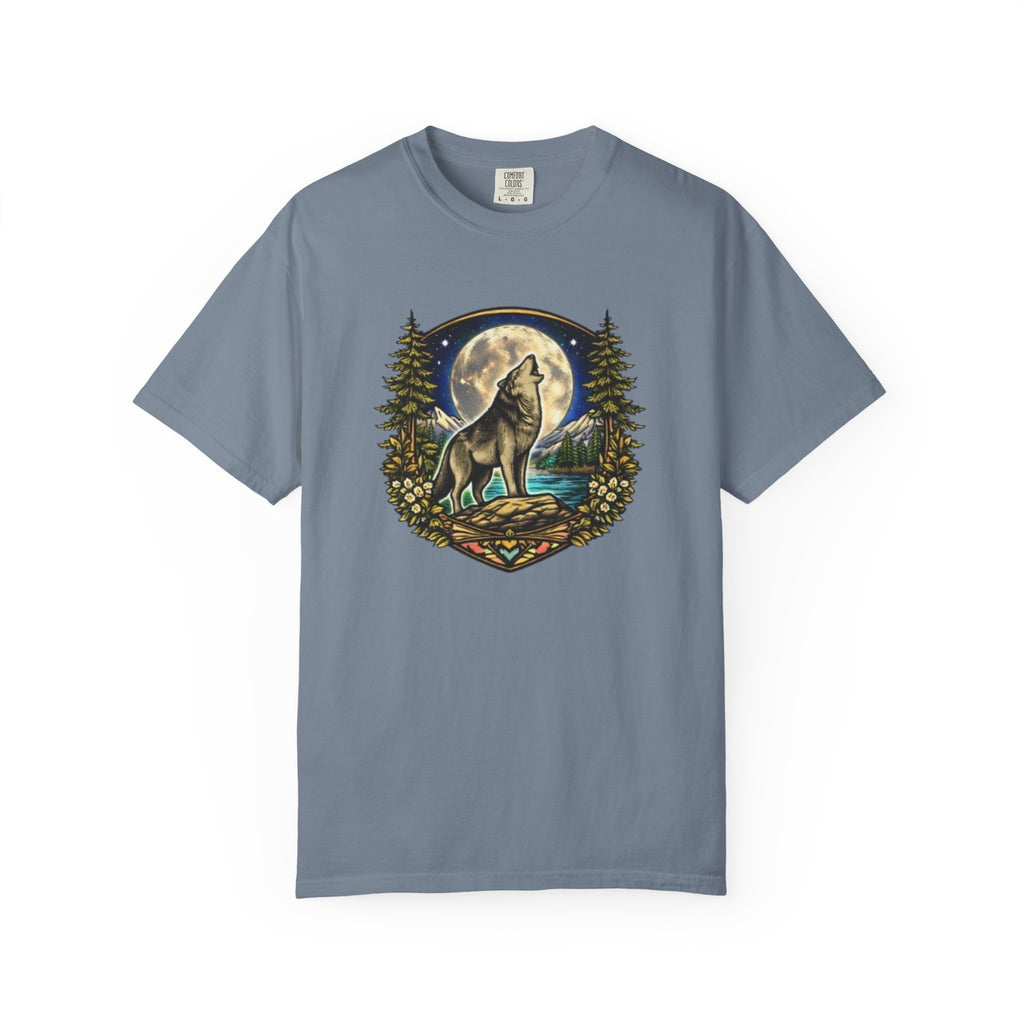 Wolf Howling at Full Moon T-Shirt | Forest Tree Border Graphic