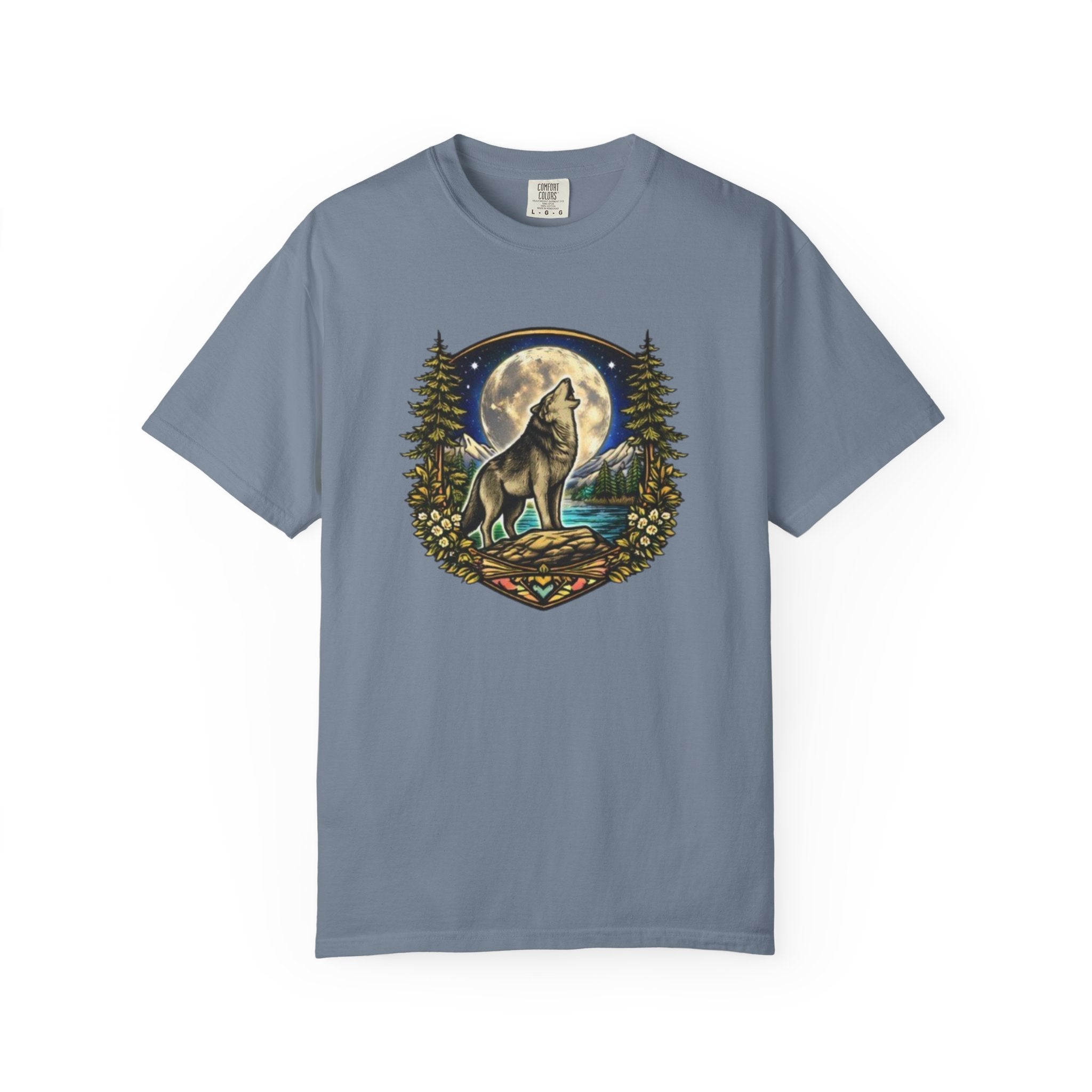 Wolf Howling at Full Moon T-Shirt | Forest Tree Border Graphic
