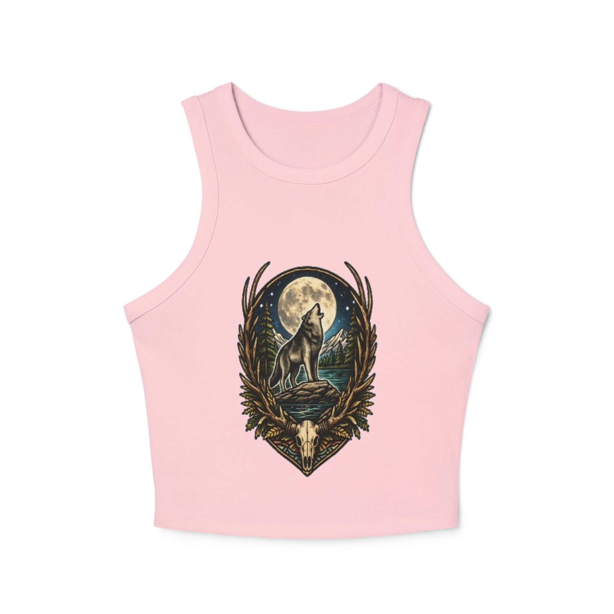 Wolf Howl Racer Tank Top | Moonlight Forest Graphic Crop Top
