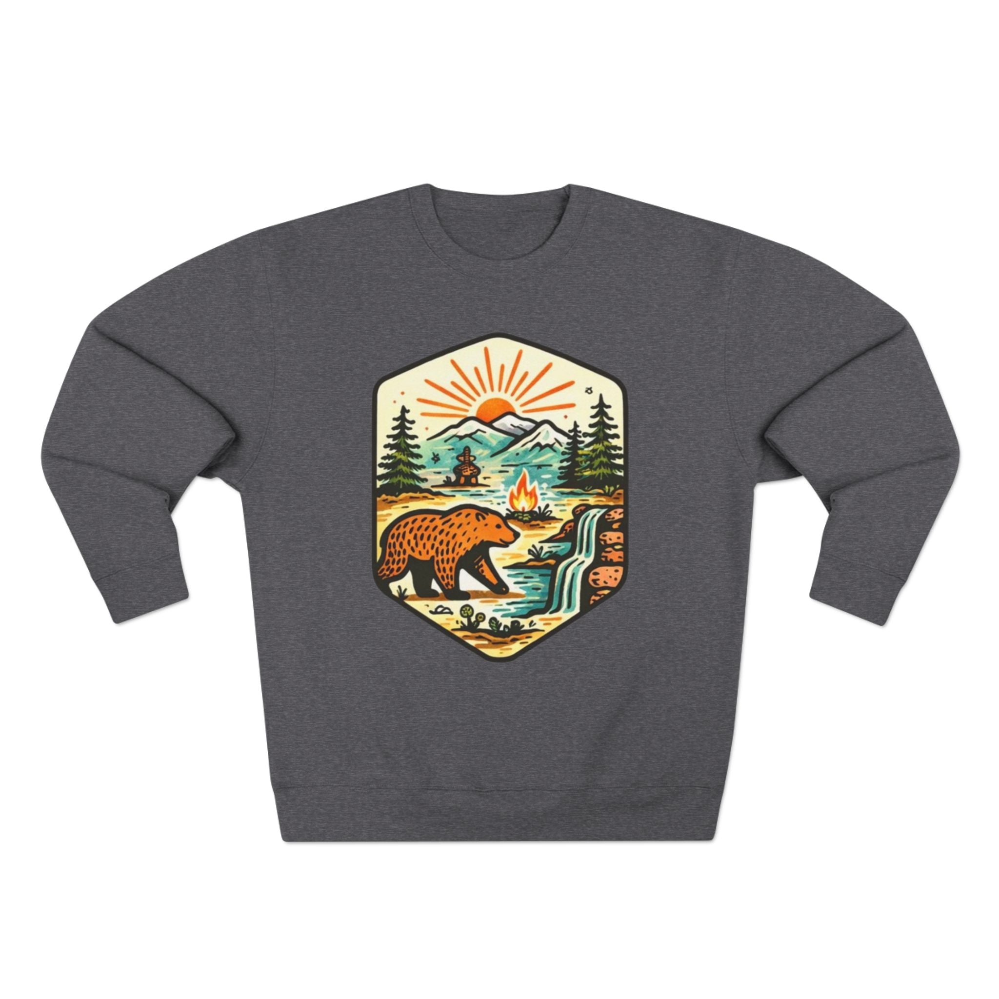 Bear Wilderness Crewneck Sweatshirt | Scenic Campfire Mountain Patch Design