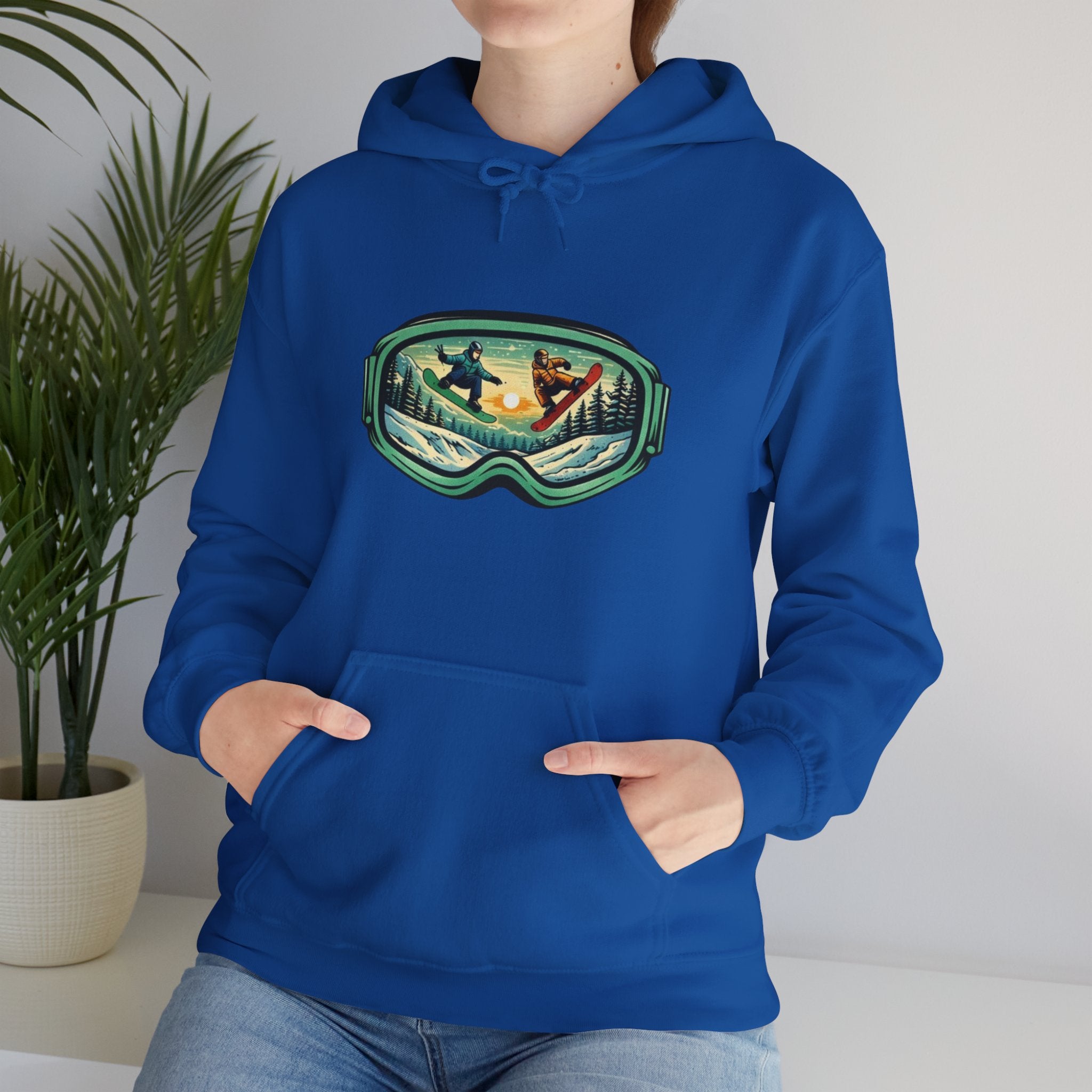 Snowboard Goggles Graphic Hoodie | Winter Mountain Sunset Scene