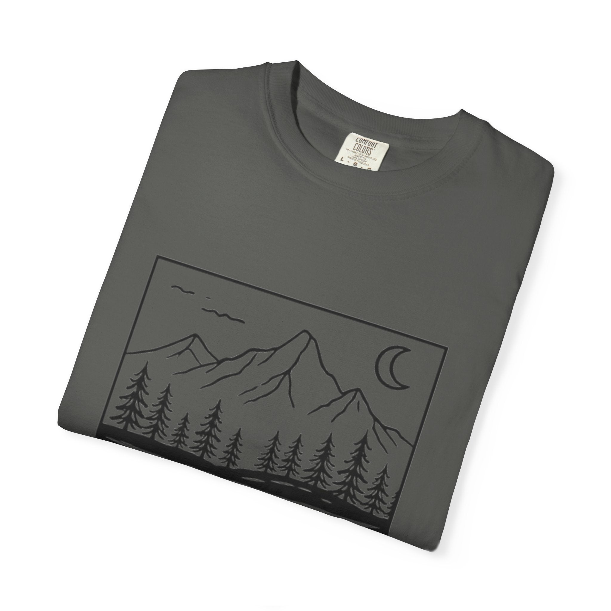Mountain Lake T-Shirt | Minimal Nightscape with Pine Trees & Crescent Moon