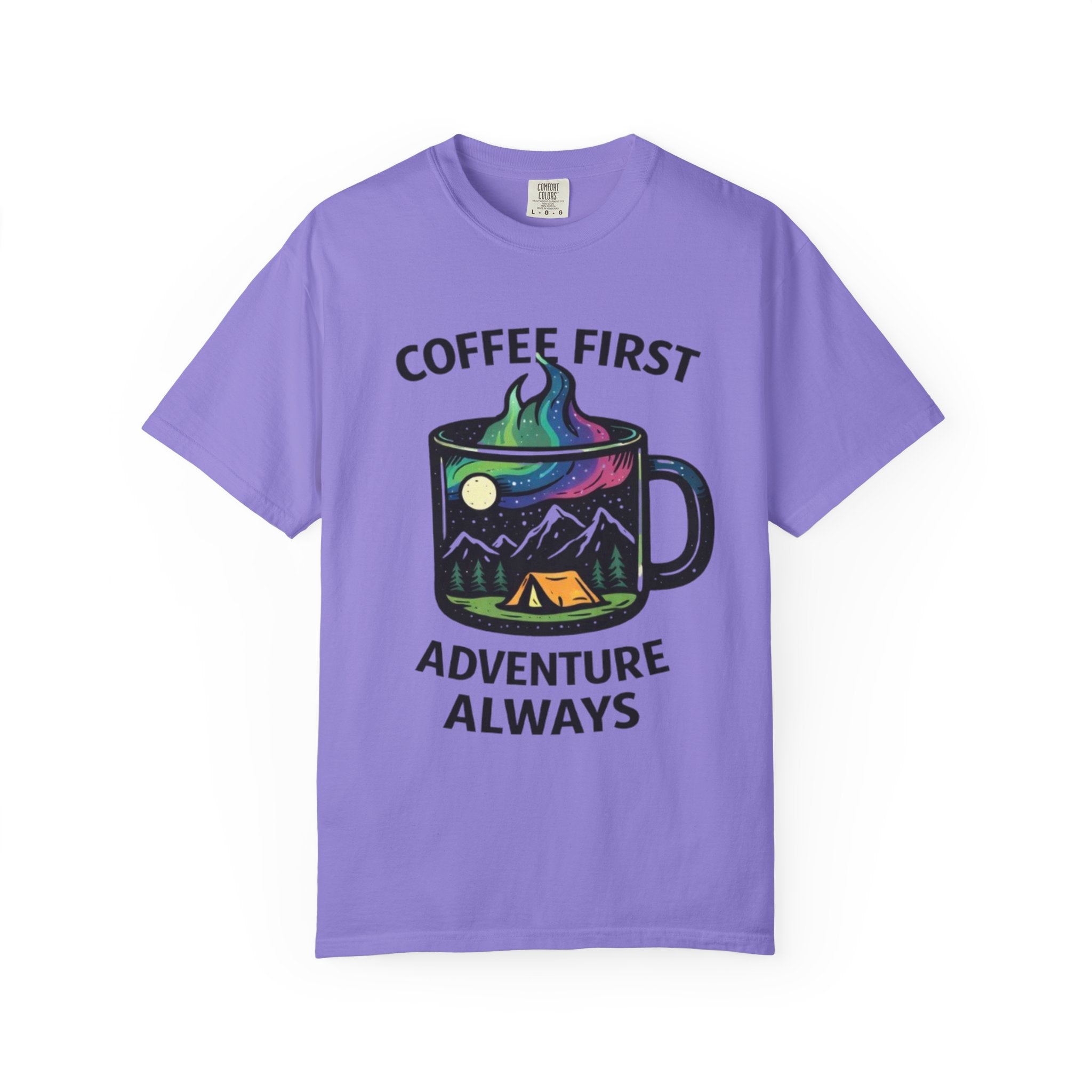 Coffee First Adventure Always T-Shirt | Camping Mug Mountain Design