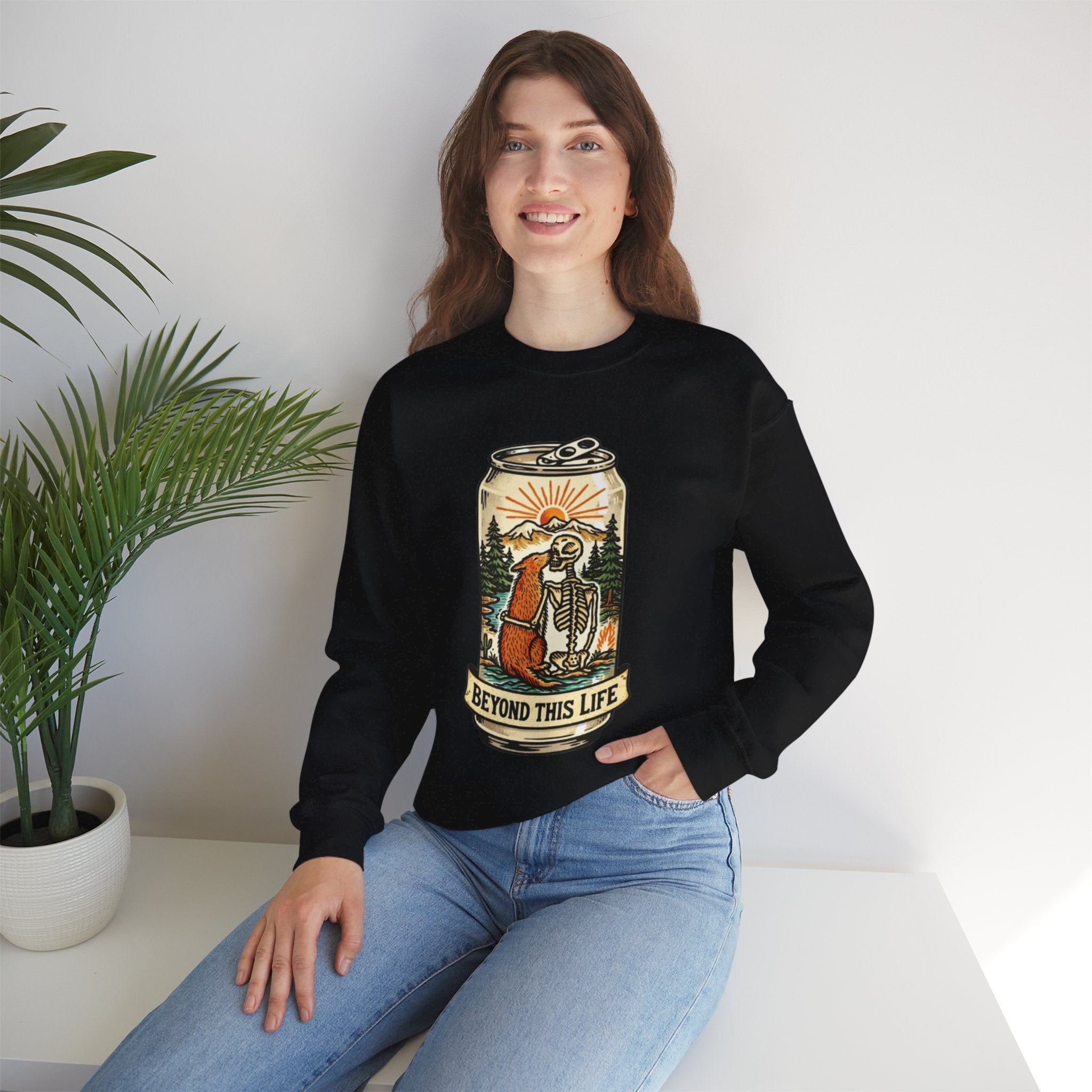 Crewneck Sweatshirt | Beyond This Life Bear & Skeleton Can Graphic