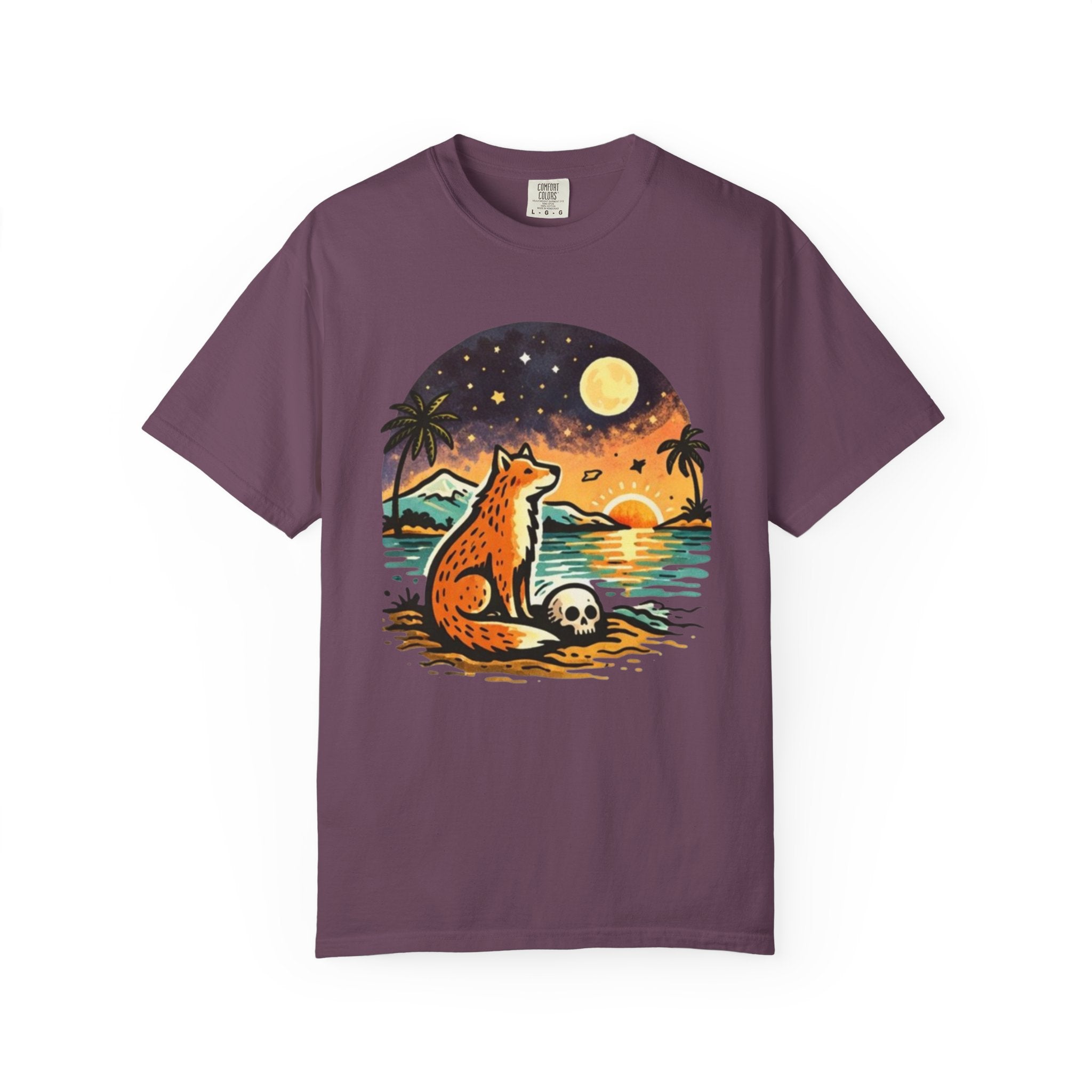 Fox Sunset T-Shirt - Beach Fox Graphic Tee with Skull, Moon & Palm Trees