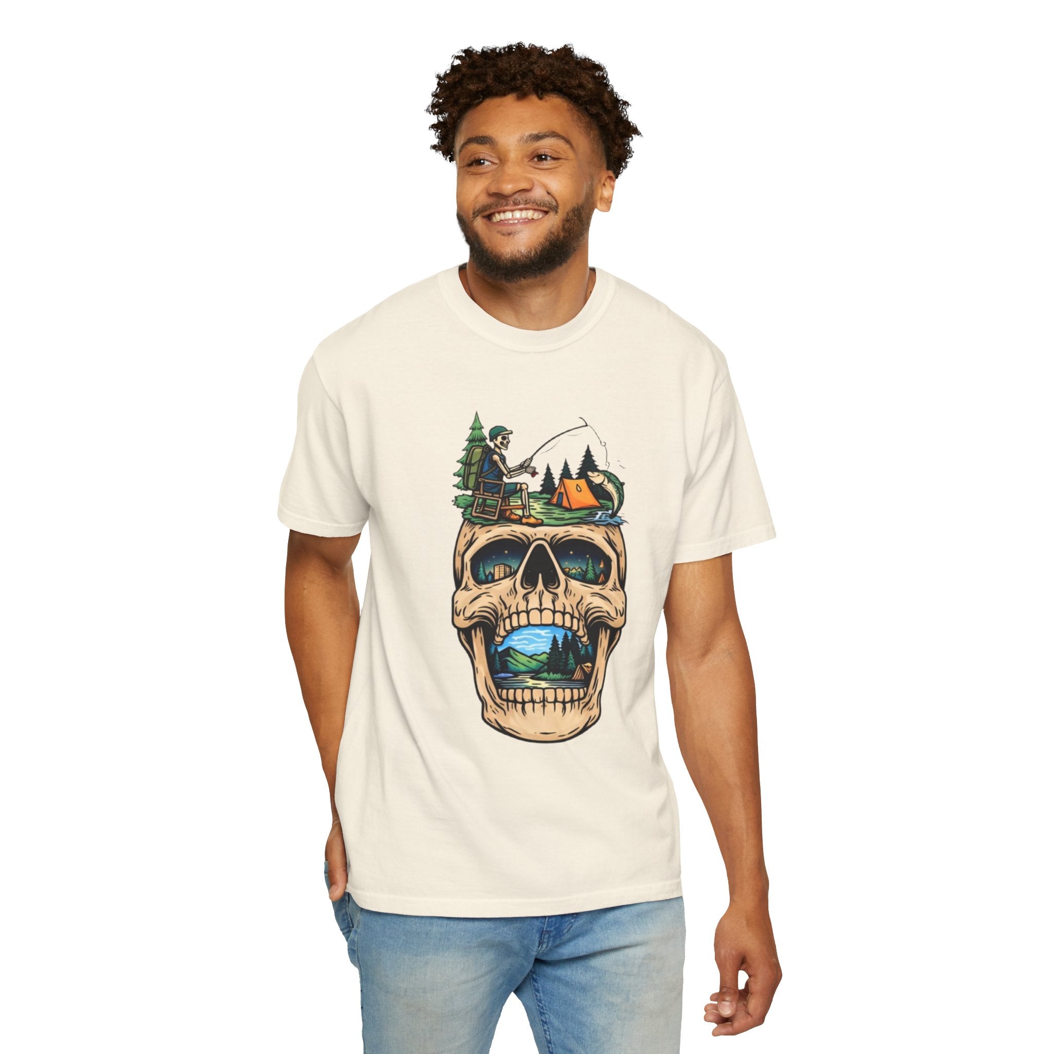 Skull Camping Scene T-shirt | Fishing Camper, Tent & Forest Graphic