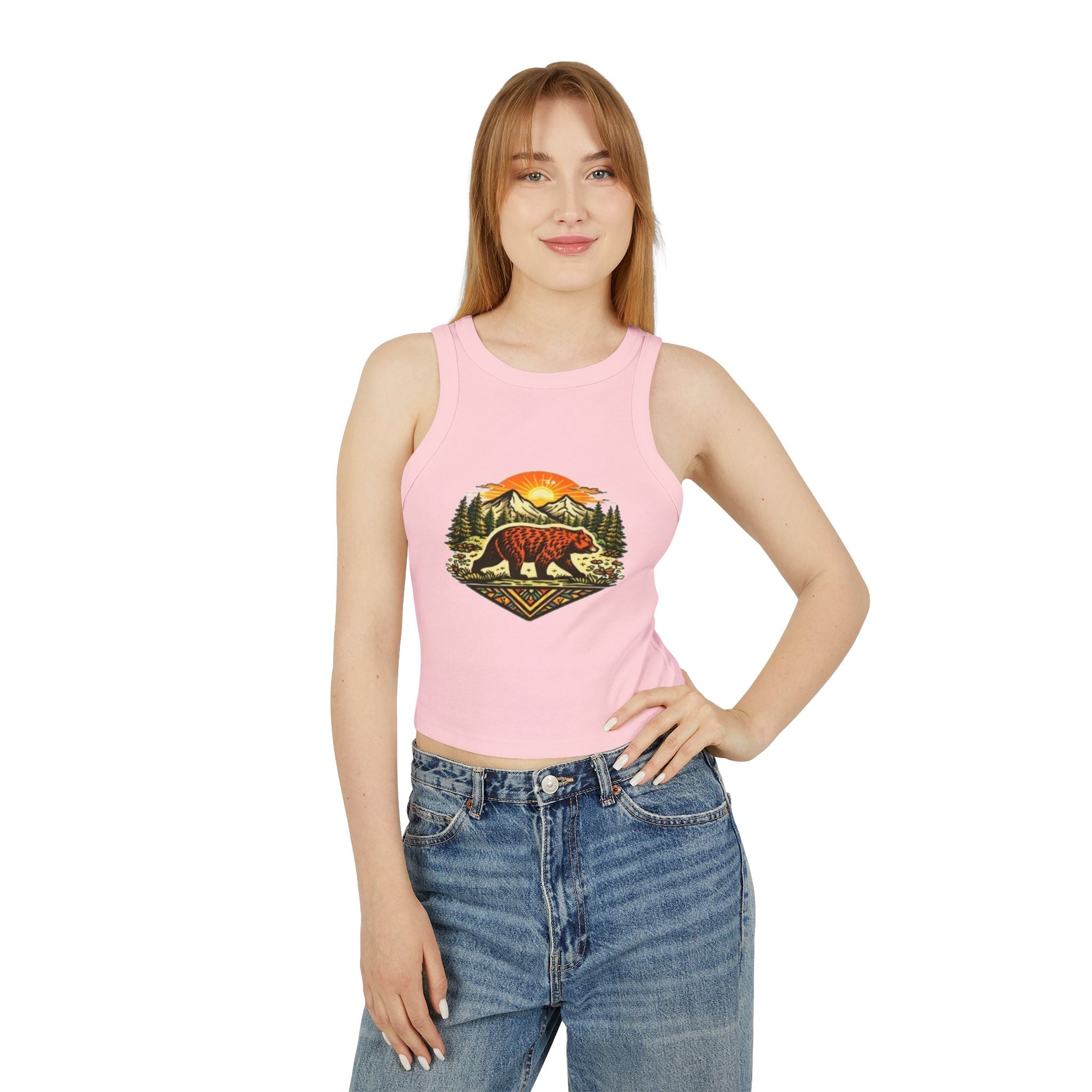 Bear Sunrise Racer Tank Top | Womens Graphic Nature Crop Tank